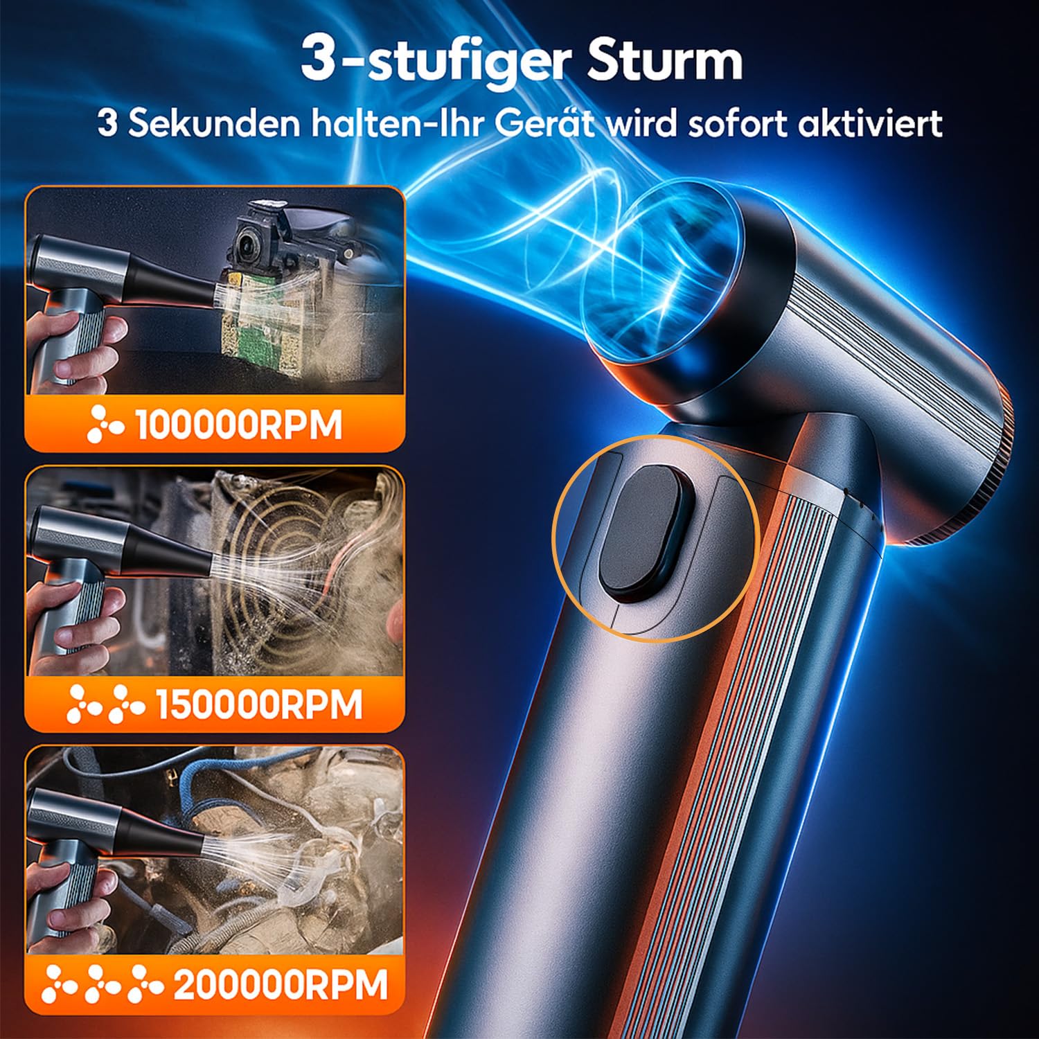 FLOWood Elektrische Staubgebläse Druckluftspray, 3-Gang 200000 U/min mit 10000mAh Akku air duster, Aluminiumgehäuse und USB Schnellladung, druckluft für PC Reinigungsset, Tastatur, Auto, Outdoor