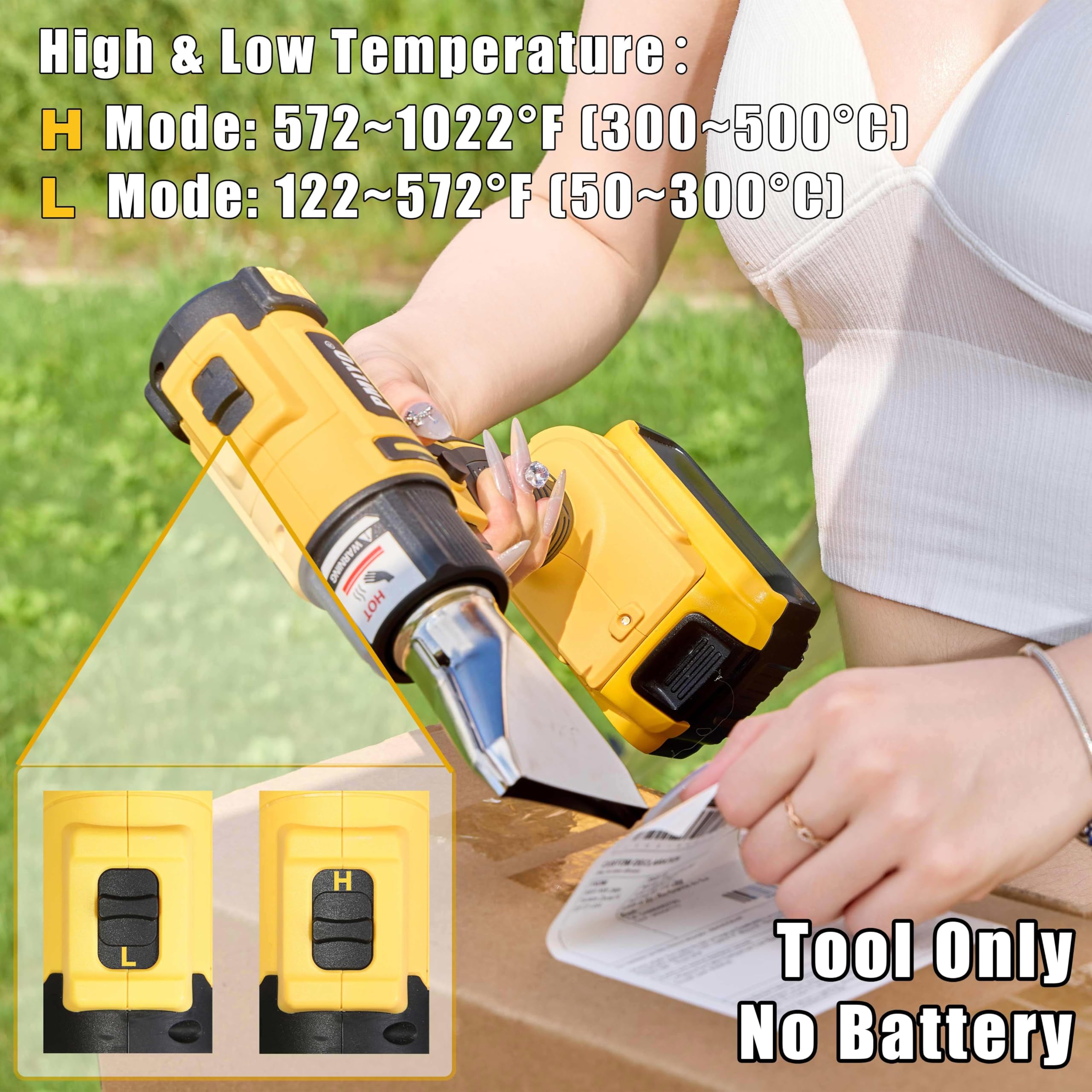 Pistola de calor inalámbrica para batería Dewalt de 20 V, pistola de aire caliente de soldadura de calentamiento rápido de 350 W, ajuste de 2 temperaturas máximo de 550.0 °C (550 °C), pistola de