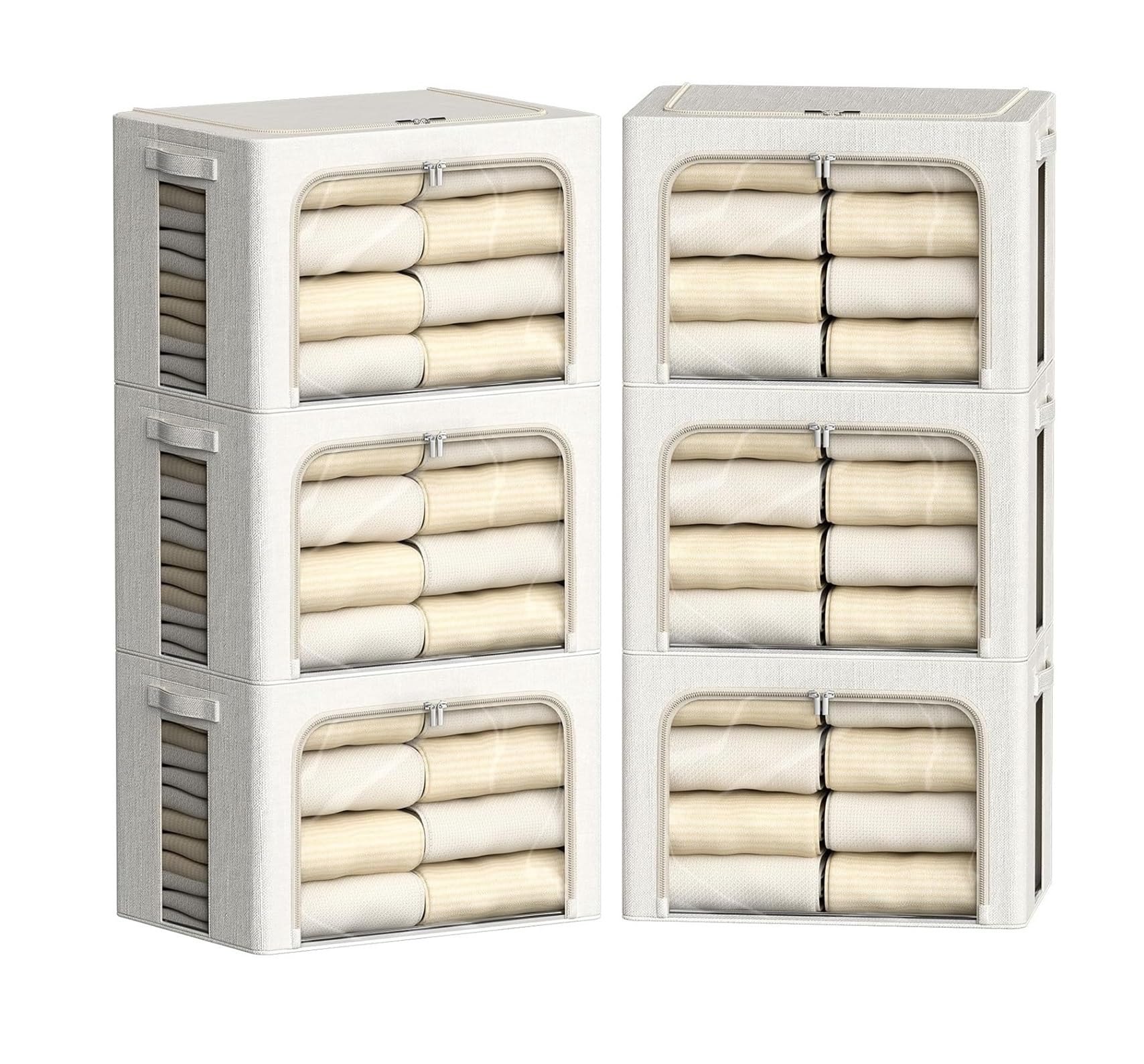 SPPEOUKJ Folding Storage Box 6 Pack 66L Clothes Storage Bins With Metal Frame- Foldable Storage Bins For Clothes Linen Fabric Storage Box For Storage