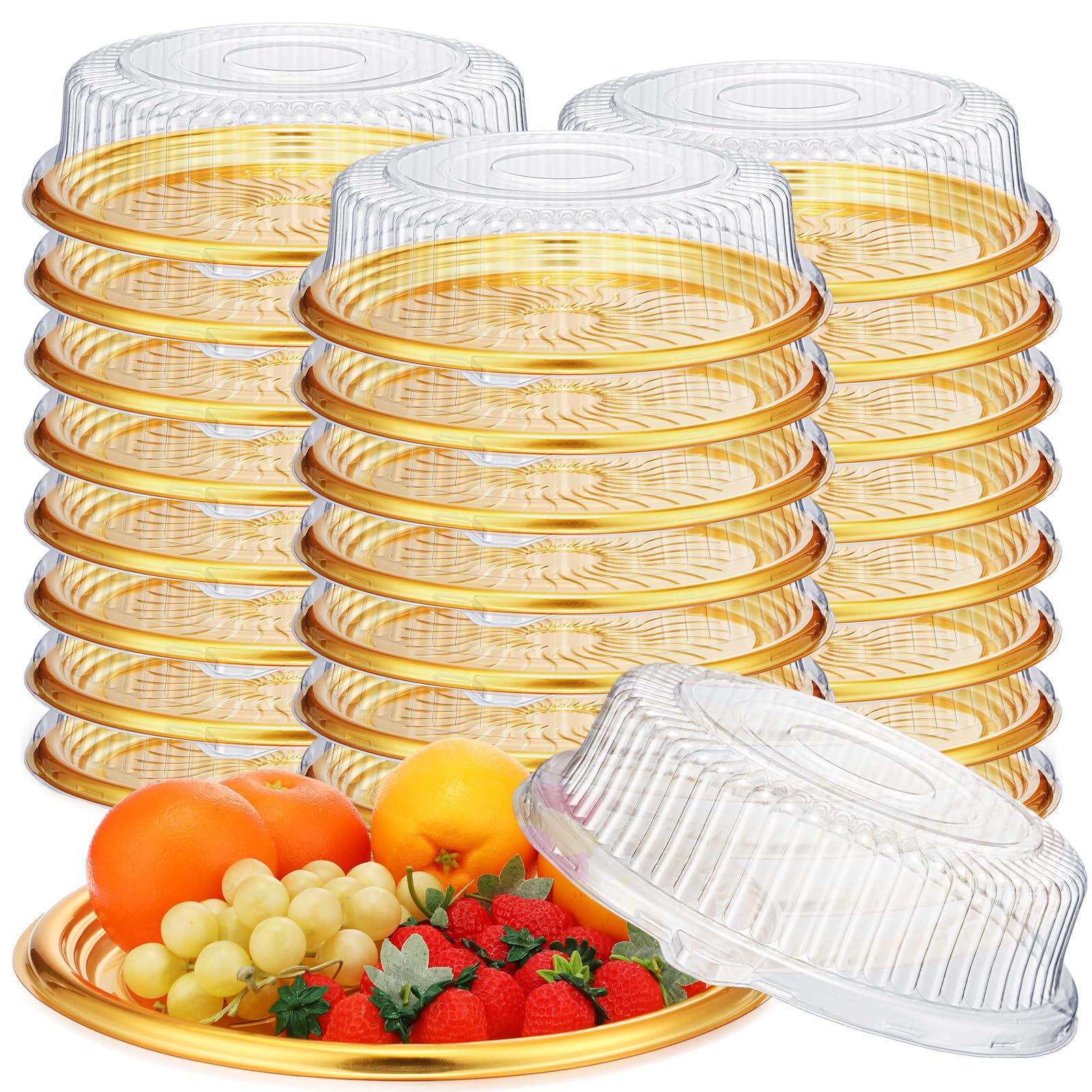 Maxcheck 24 Pack 12 Inch Heavy Duty Serving Tray with Clear Lid, Large Gold Serving Trays Elegant Platter, Disposable Round Catering Trays for Fruit Sandwich Party Takeout Food Picnic