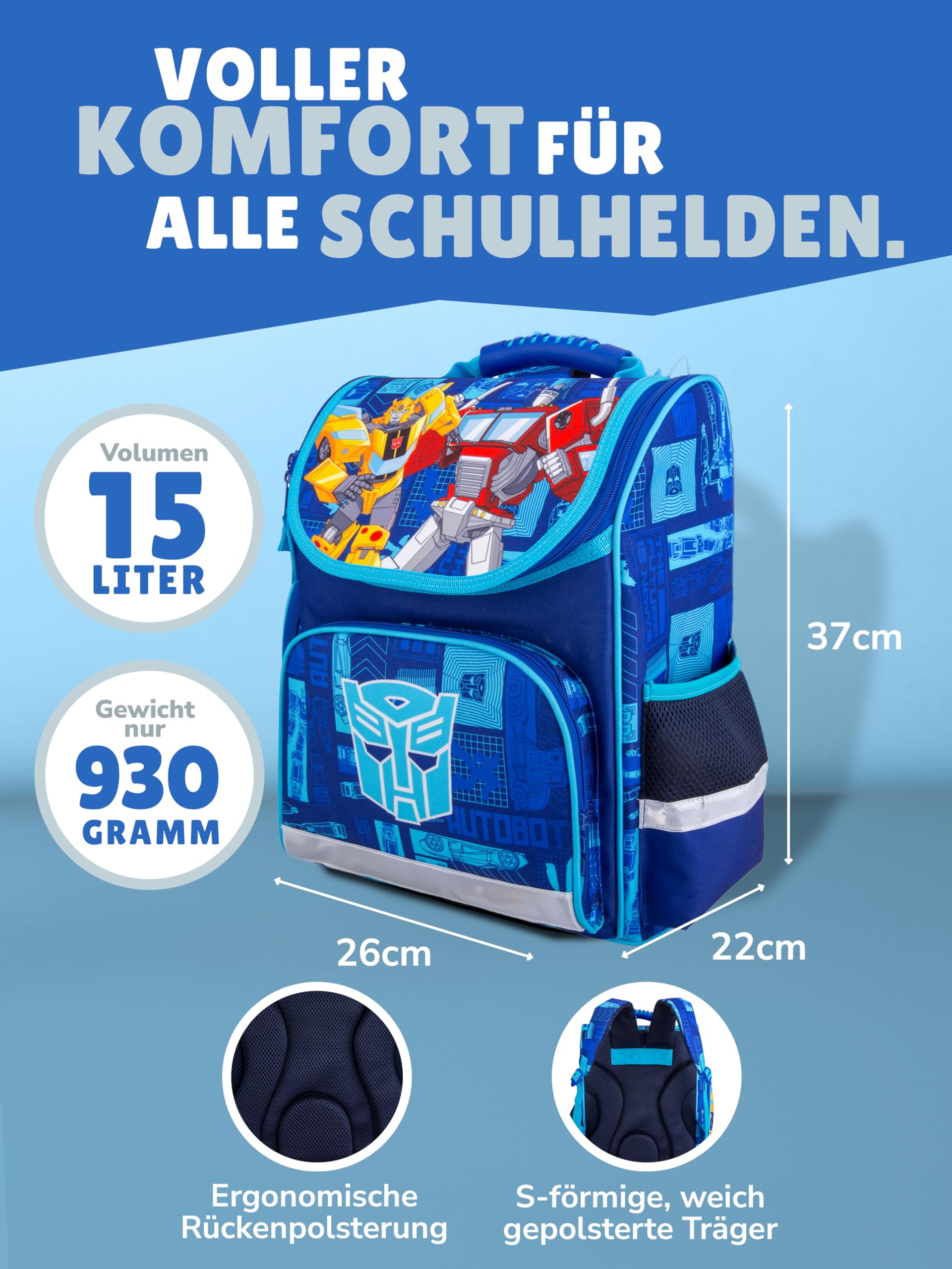 Familando - Schulranzen Set - 9-teilig mit Lunch-Set - Transformers - Ergonomisch, stabil & mit gepolstertem Rücken - 930g leicht - 15L Volumen - Mit Reflektoren - Für Grundschule ab 1. Klasse