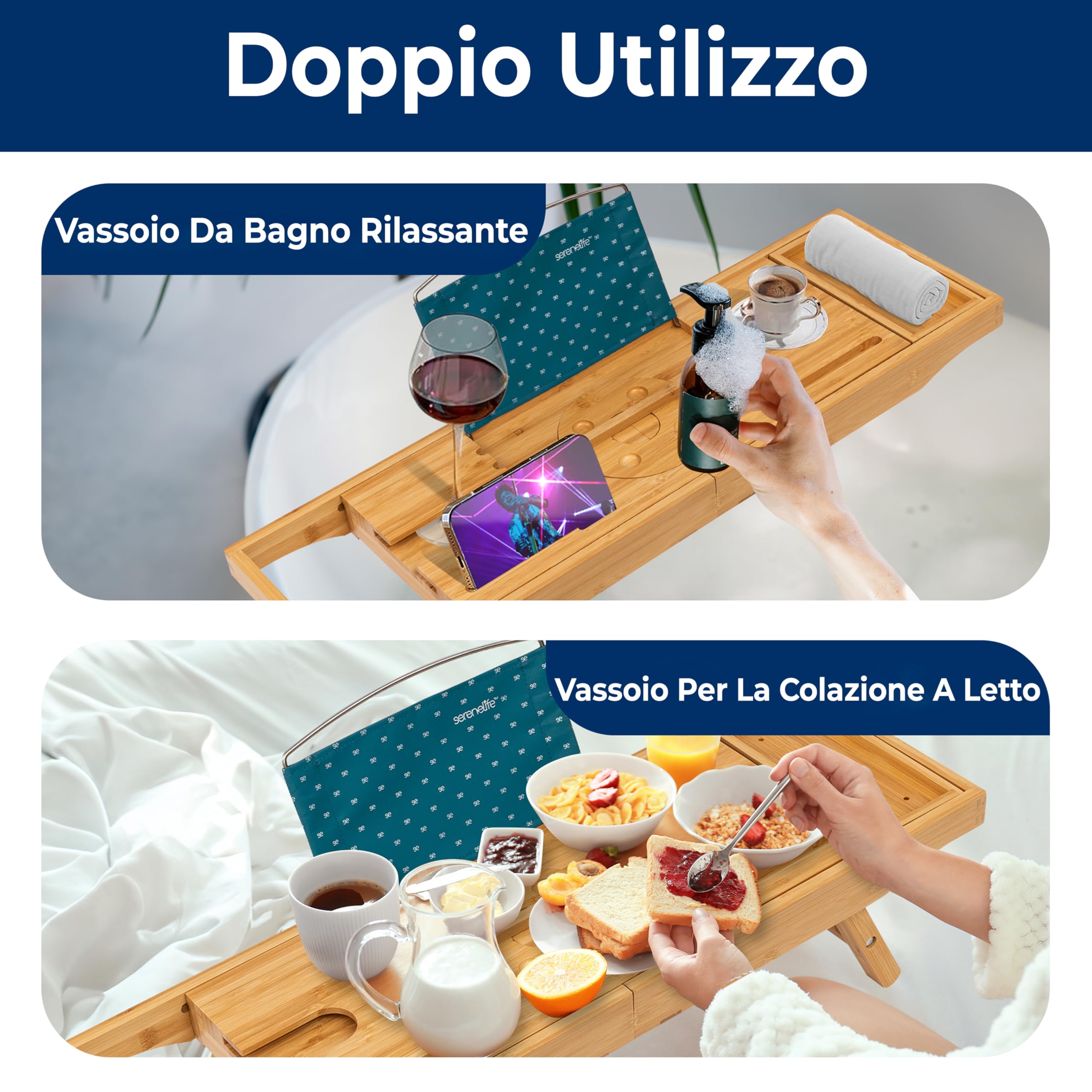 SereneLife Vassoio Vasca da Bagno Pieghevole in Bambù 2 in 1, Porta Oggetti Bagno Regolabile Antiscivolo con Supporto Dispositivi, Portabicchiere Vino, Espandibile e Set Regalo Donna per Relax