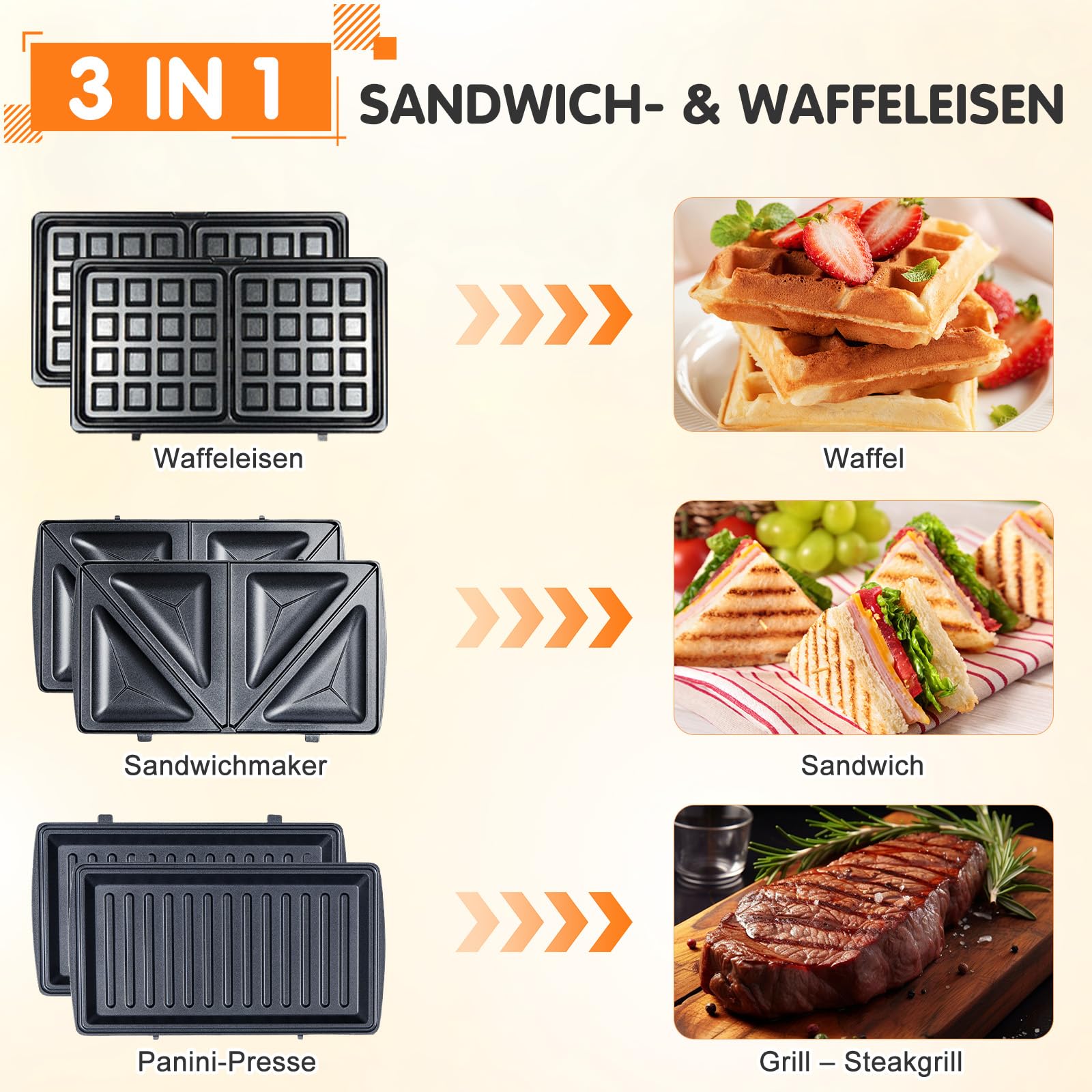 3 IN 1 Frühstücks Sandwichmaker, Elektrisches Waffeleisen | Panini-Grill, Abnehmbare Antihaft-Platten, Für Grillgerichte, Desserts, Waffeln und Sandwiches