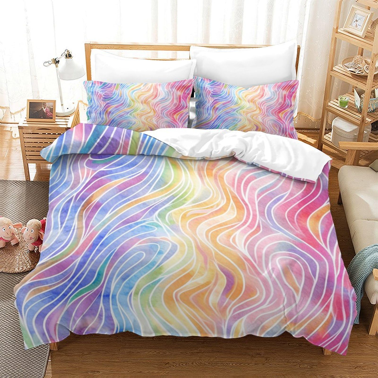 P1S9U7W5Y 3D Printed Iridescent Rainbow Swirl Duvet Cover Set 3pcs Microfiber Pastel Bedding Set King（220x240cm）