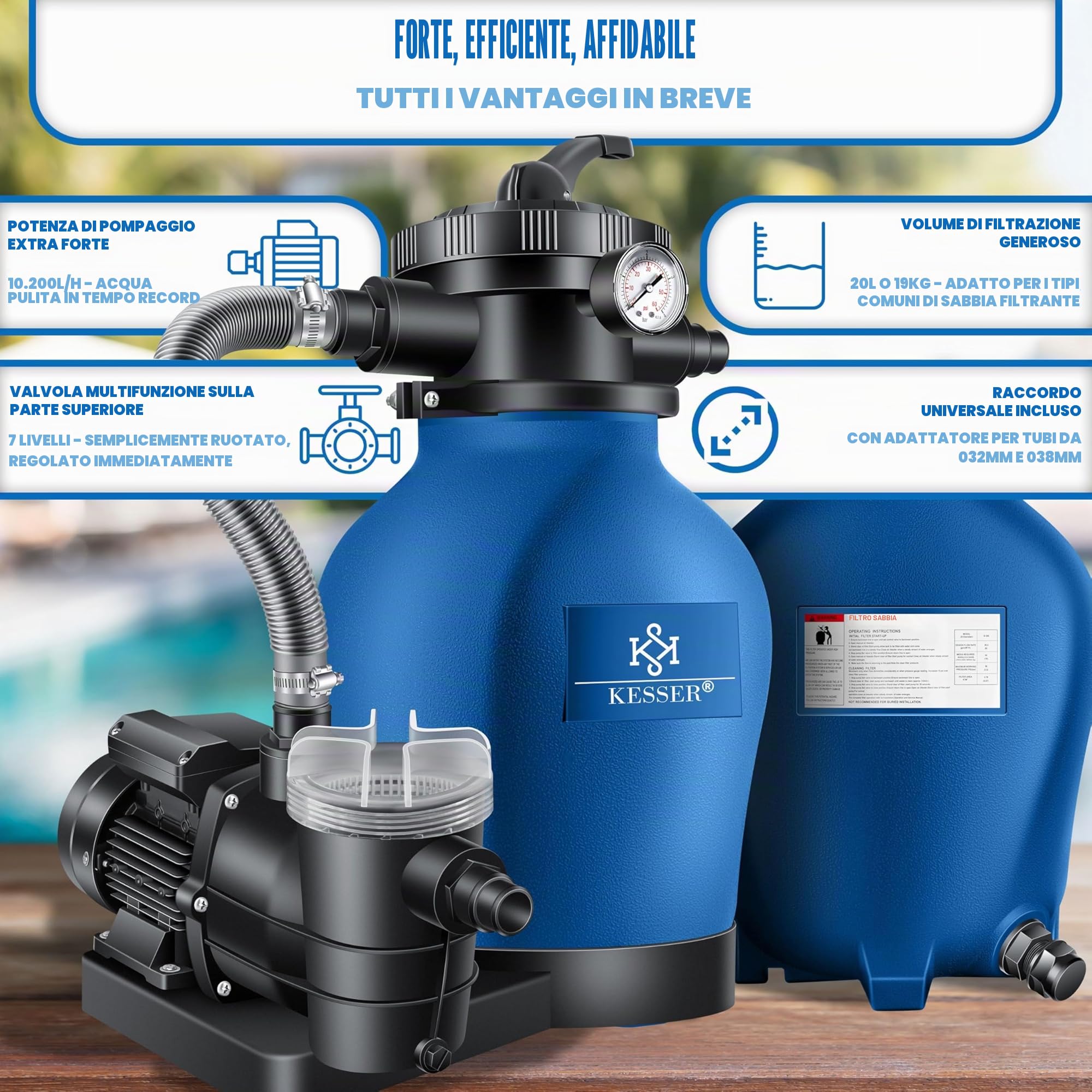 KESSER® Sistema di filtraggio a Sabbia Filtro a Sabbia+ Copertura + Sfere filtranti da 700 g sostituire 25 kg di Sabbia filtrante valvola a 7 Vie con indicatore di Pressione