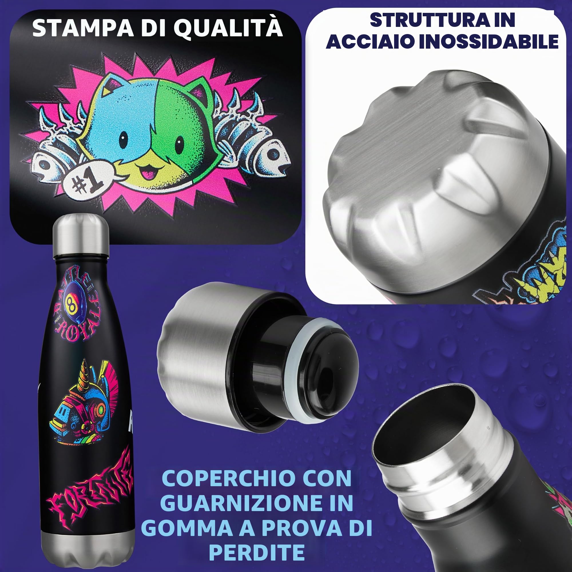 Fortnite Borraccia Termica per Adulti e Adolescenti 500ml, Acciaio Inossidabile Borracce Termiche per 24 Ore, BPA Free, Regali per Lui e Lei (Nero Fortnite)