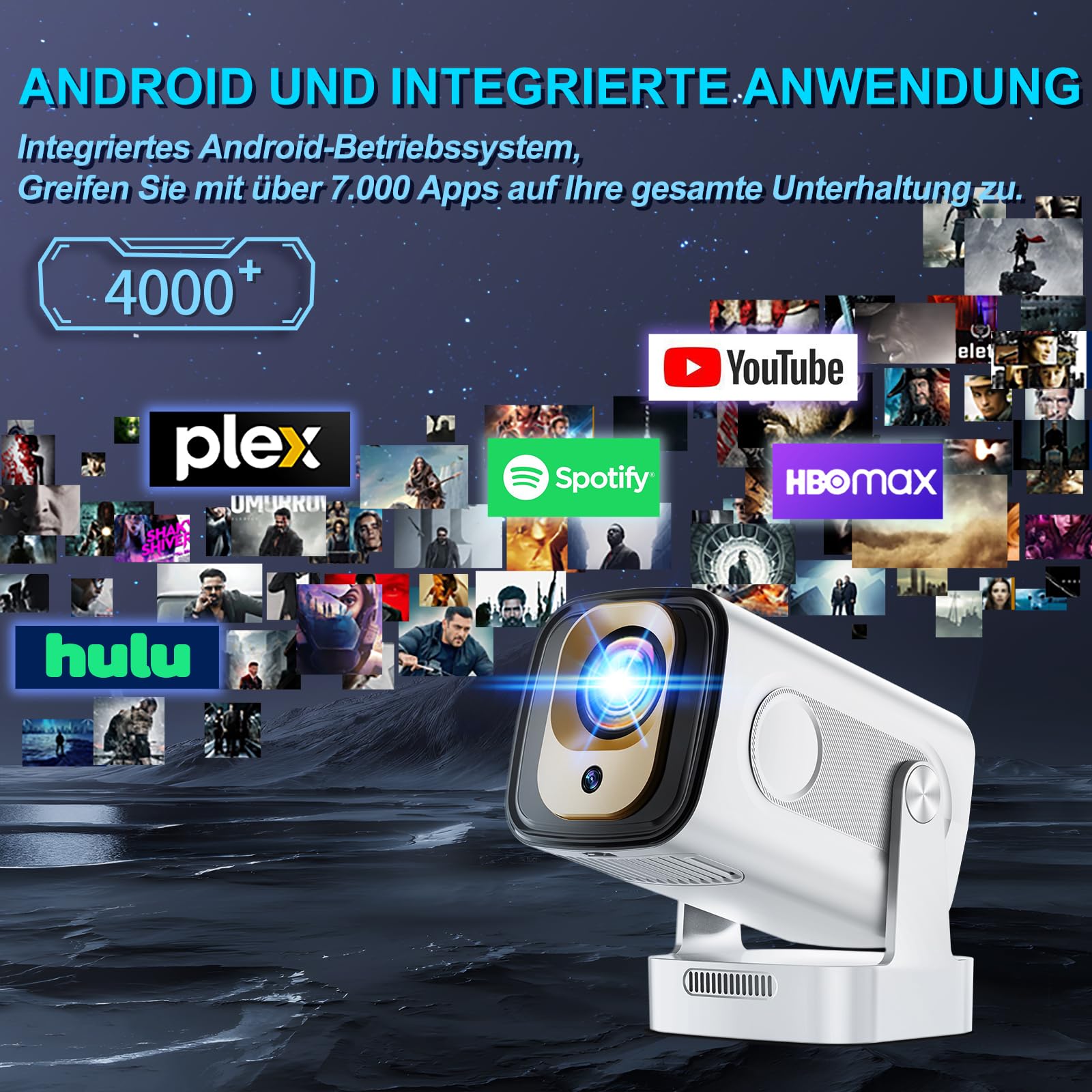 Mini proiettore 4K 1080P Bluetooth5.2 WiFi 6 con proiettore Android 11 4k home cinema 180° girevole Proyector con HDMI per Android/PC/HDMI/USB, bianco