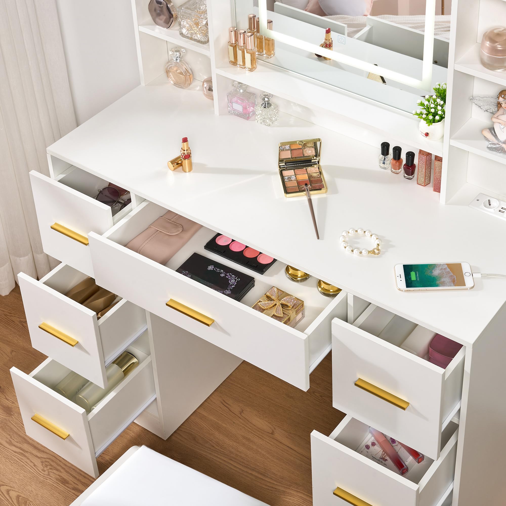 ANWBROAD Grande Coiffeuse avec Miroir et Tabouret Éclairage LED Réglable 3 Couleurs et Prises Blanche Moderne 7 Tiroirs 4 Étagères Rangement Ouvertes Coiffeuse 140x100x40cm BDT65W
