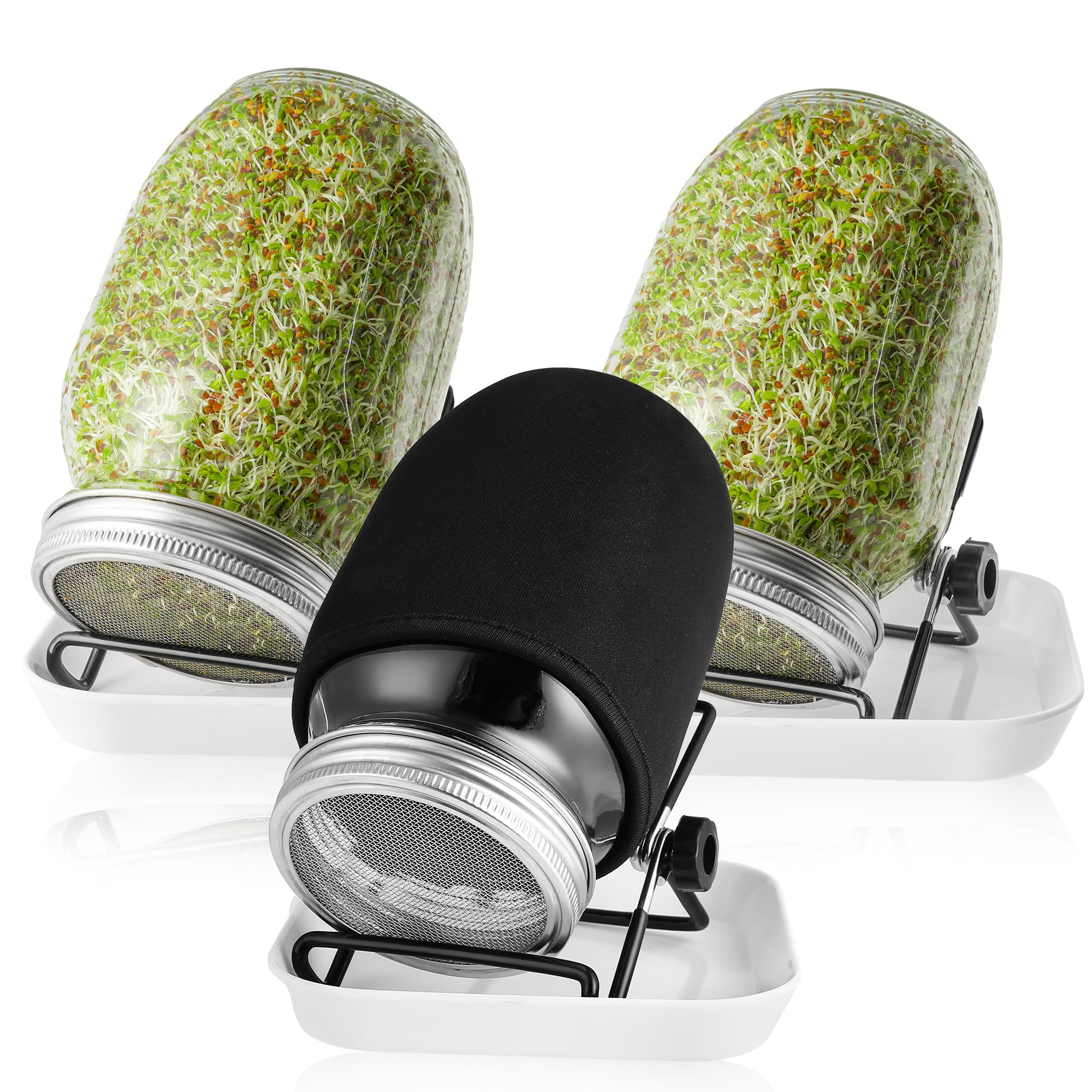 Jokisa Sprossenglas 3er Set, 1000ml Keimglas für Sprossen mit Deckeln und Haltern Verdunklungshüllen und Schalen, Sprossengläser für die Sprossenzucht und Keimung von Samen