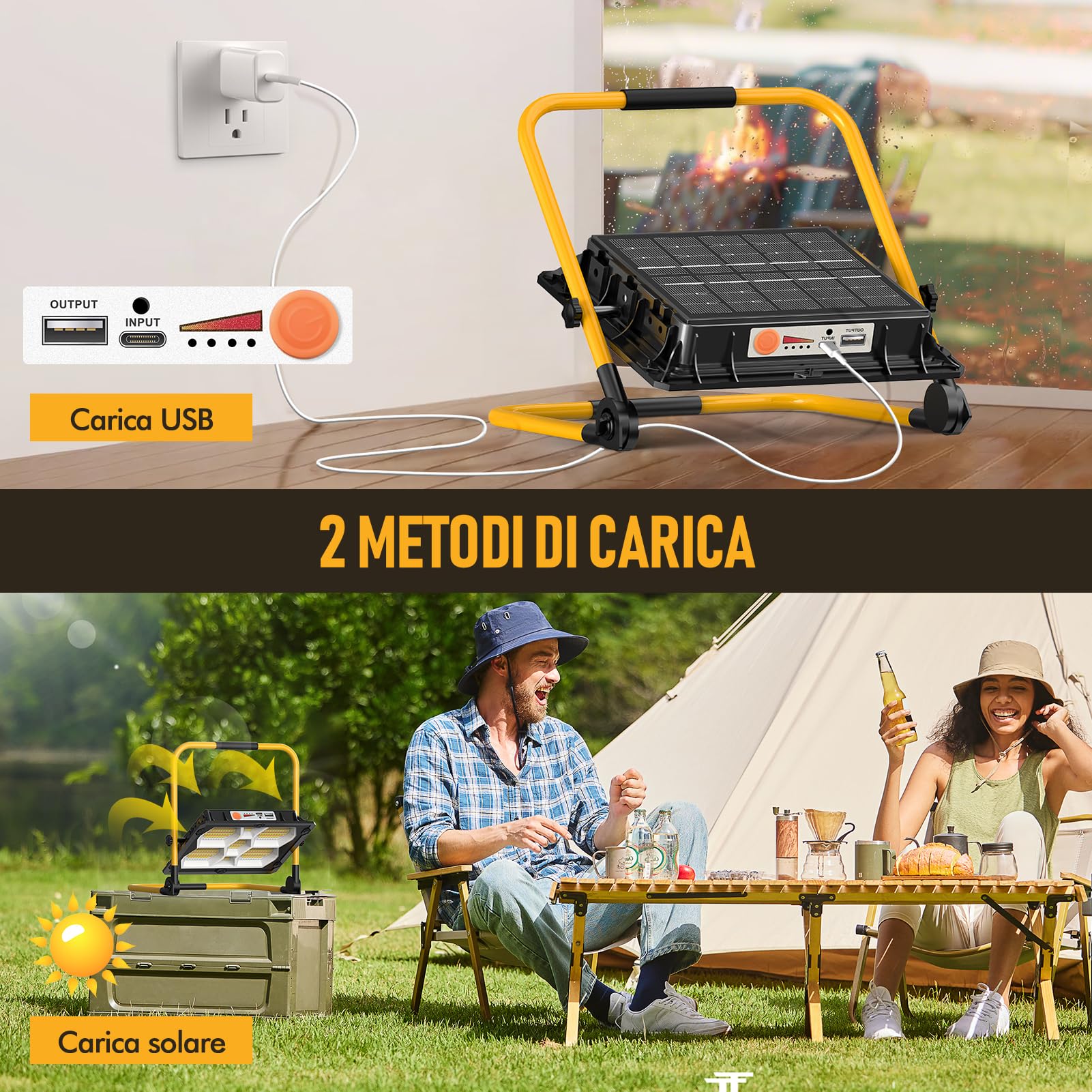 Viugreum150W-Faro Led Ricaricabile, 15000LM Faretto a Batteria con supporto, pannello solare/4 modalità di luce, IP66 impermeabile Faretto LED da costruzione Portatile perofficina, cantiere, campeggio