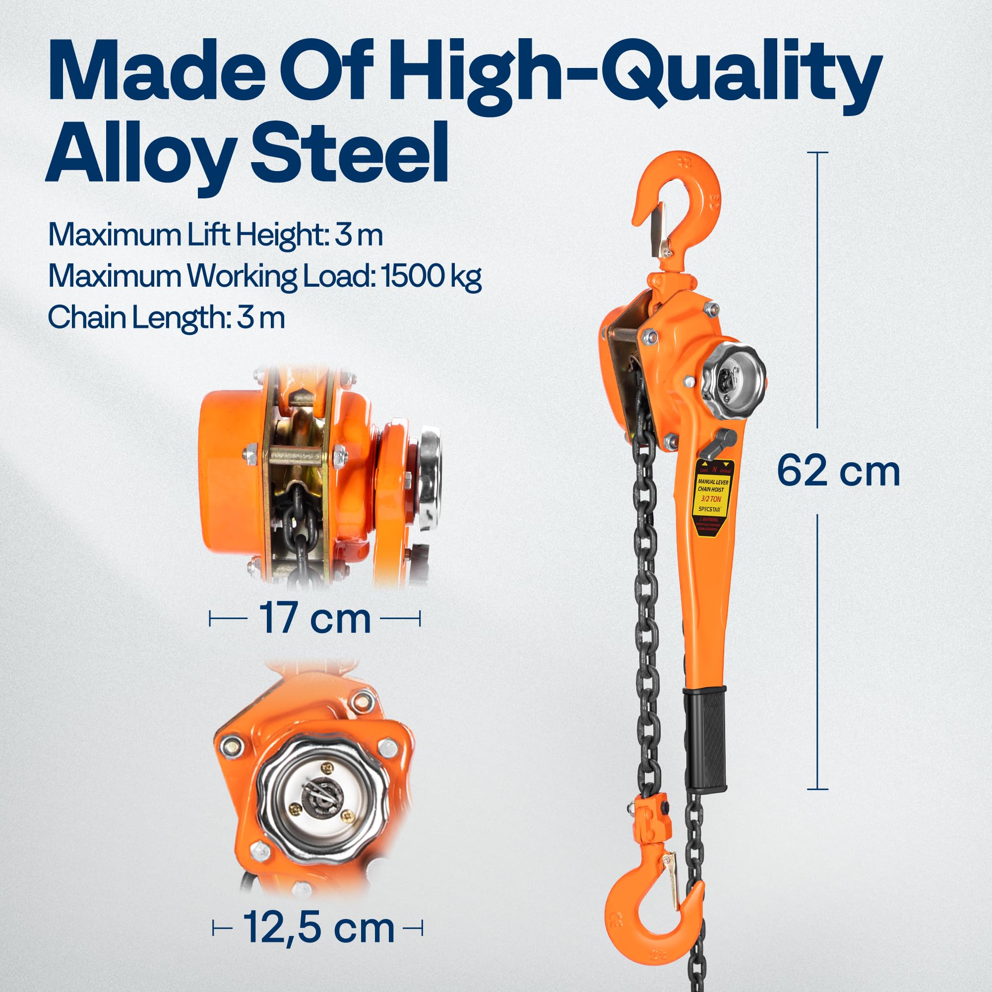 SPECSTAR Dźwigniowy wciągnik łańcuchowy 1500KG 3M z 2 hakami do dużych obciążeń, łańcuch do maszyn motoryzacyjnych w budynkach magazynowych