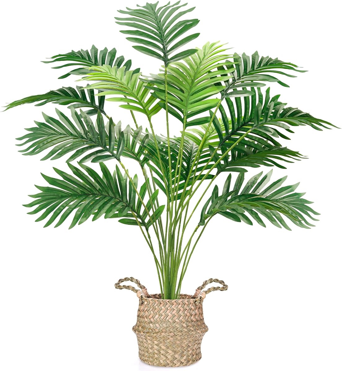 Der Rose 28" Fake Palm Tree, Artificial Floor Plant with Boho Woven Basket | Faux palm plant adds relaxed greenery beside sofas, beds and reading chairs, giving compact rooms an easy boho floor decor