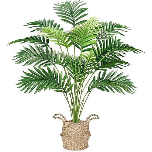 Der Rose Fake Palm Tree 28Inch Faux Plant Potted Tall Fake Plant with Hand-Woven Baskets Artificial Tree for Indoor Outdoor Home Office Bedroom Porch Balcony Decor
