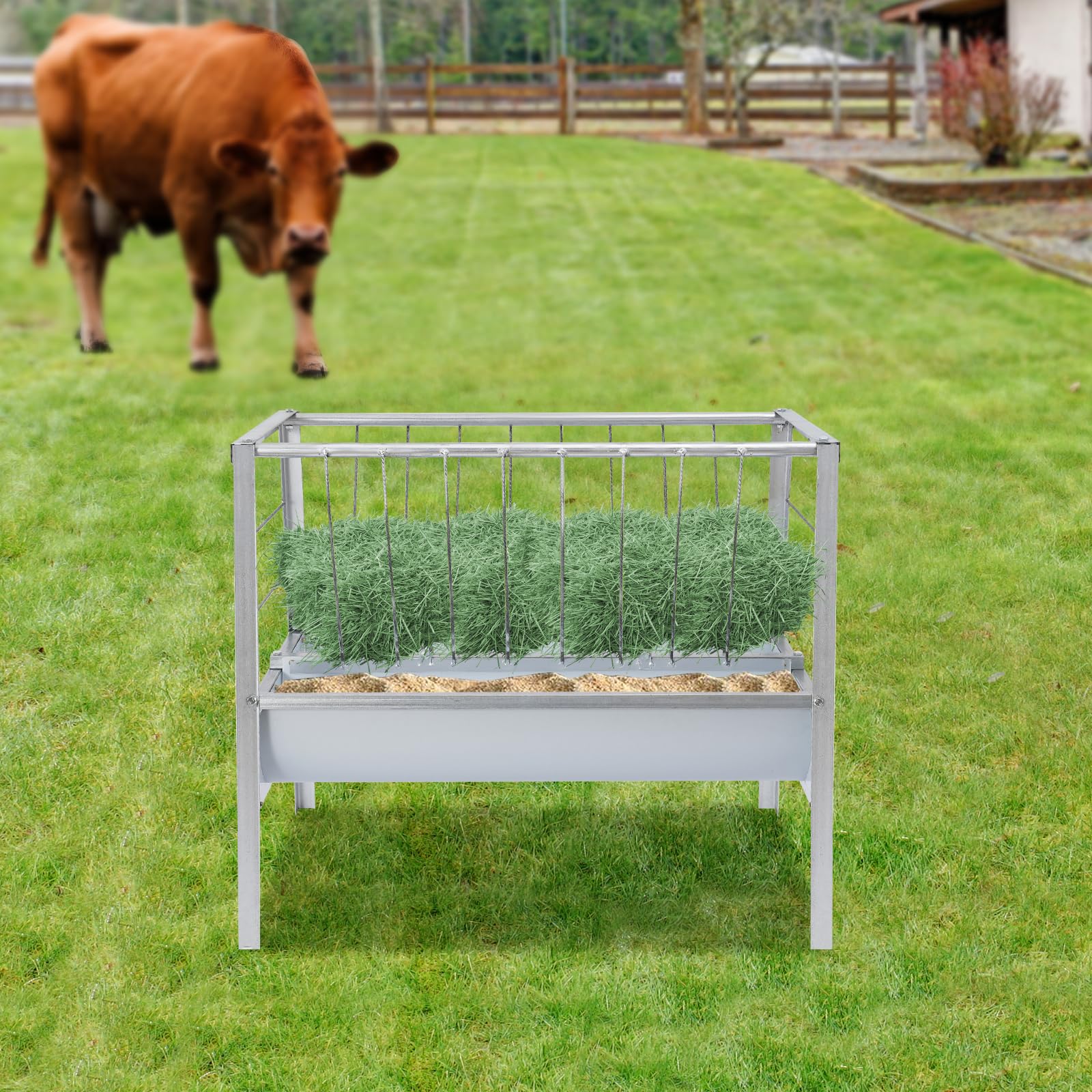 2 In 1 Heufutterautomat Viehfutterautomat Für Ziegen Schafe Pferde Mit 200 l Kapazität 100x66x85 cm Große Futterschale Aus Eisen Farbstahl Für Stall Weide Tierfütterung