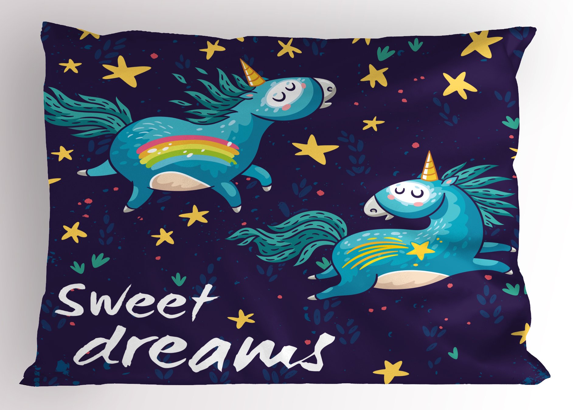 Ambesonne Saying Pillow Sham, 2 Unicorns Flying in Night Sky Childhood Fantasy Themed Cartoon, Decorative Standard Size Printed Pillowcase, 26