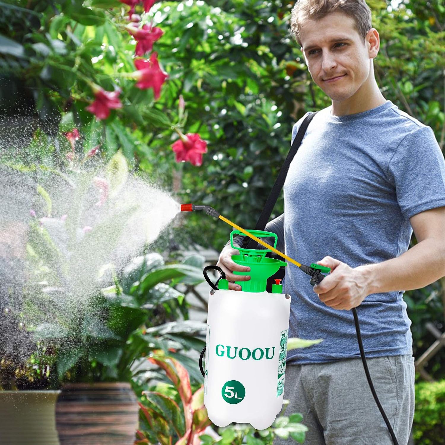 GUOOU 1.3 Gallon Pump Sprayer, Backpack Sprayer with Pump, Garden Pump Sprayers, Lawn Pressure Water Sprayer with Adjustable Shoulder Strap, Pressure Relief Valve