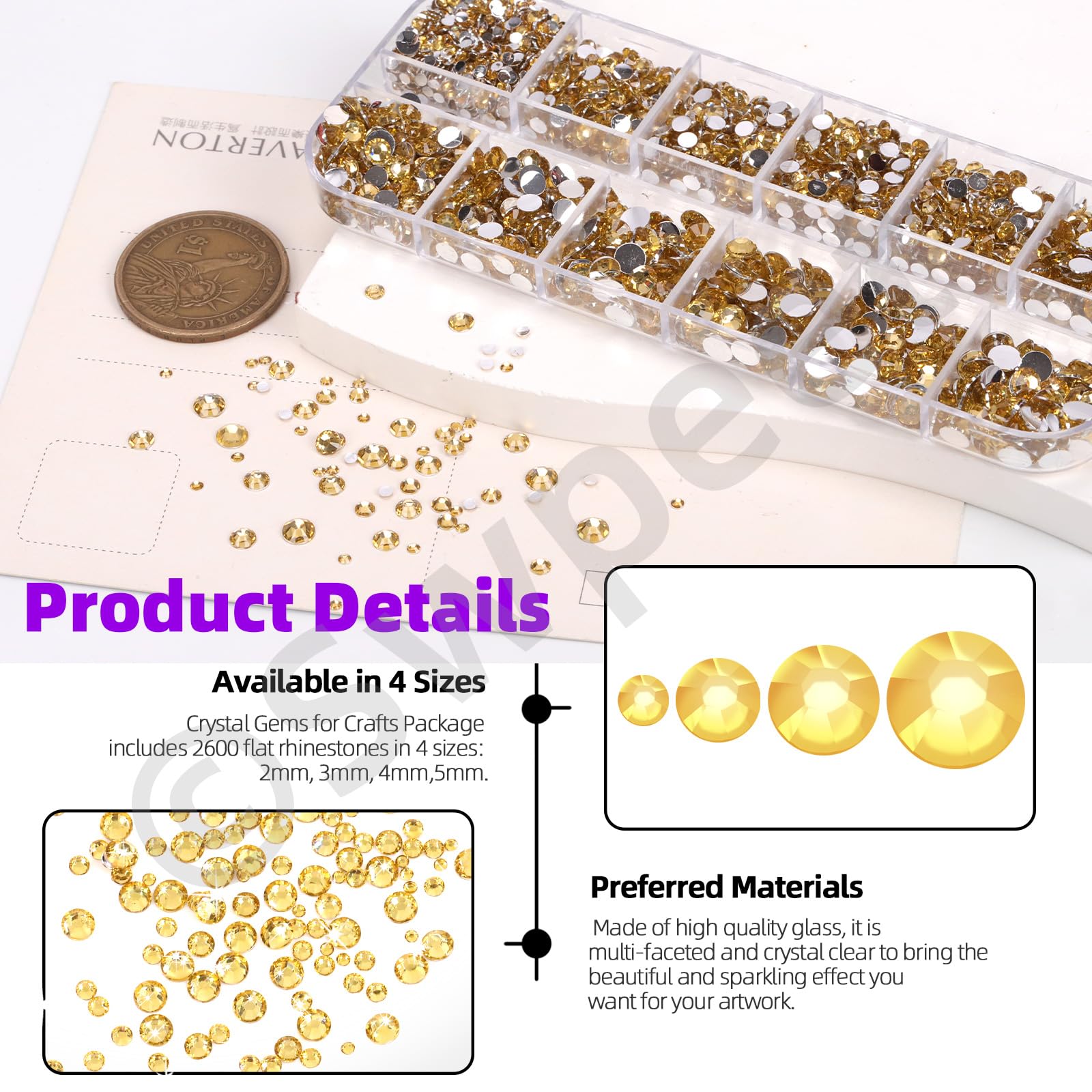 Swpeet 4403 PCS 2mm 3mm 4mm 5mm jaune cristal plat strass et 12 couleurs 3mm demi - cercle arrière plat Pearl combo Kit, y compris tweezer dot Tool Picking Pen, idéal pour la manucure bricolage