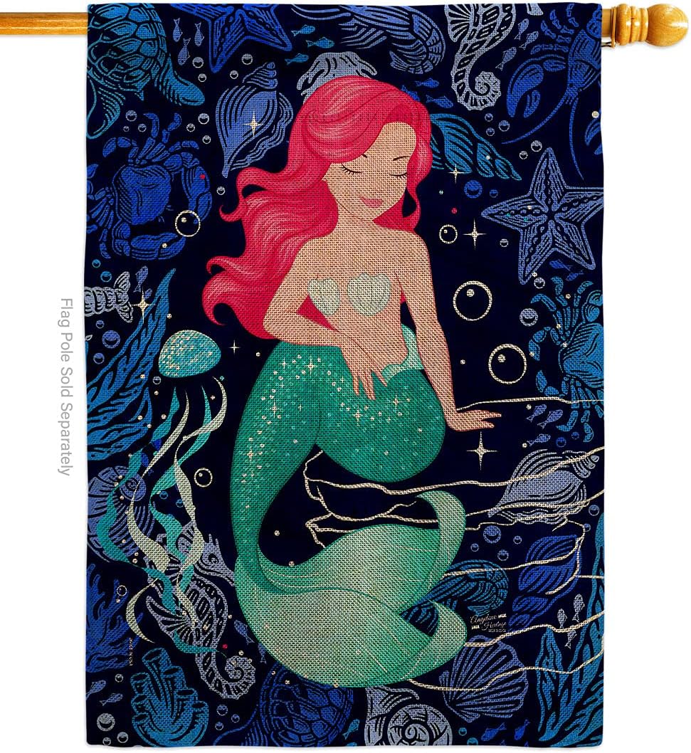 Mermaid Tapestry Home Decor Burlap House Flag Coastal Sea Creatures Nautical Wall Hanging Door Ocean Summer Marine Banner Small Garden Yard Porch Lawn Indoor Outdoor Decorations Gifts Made In USA