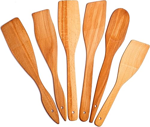6 cucharas de madera para cocinar, hechas en Ucrania, cucharas de espátula de madera antiadherentes 100% naturales y saludables, juego de utensilios
