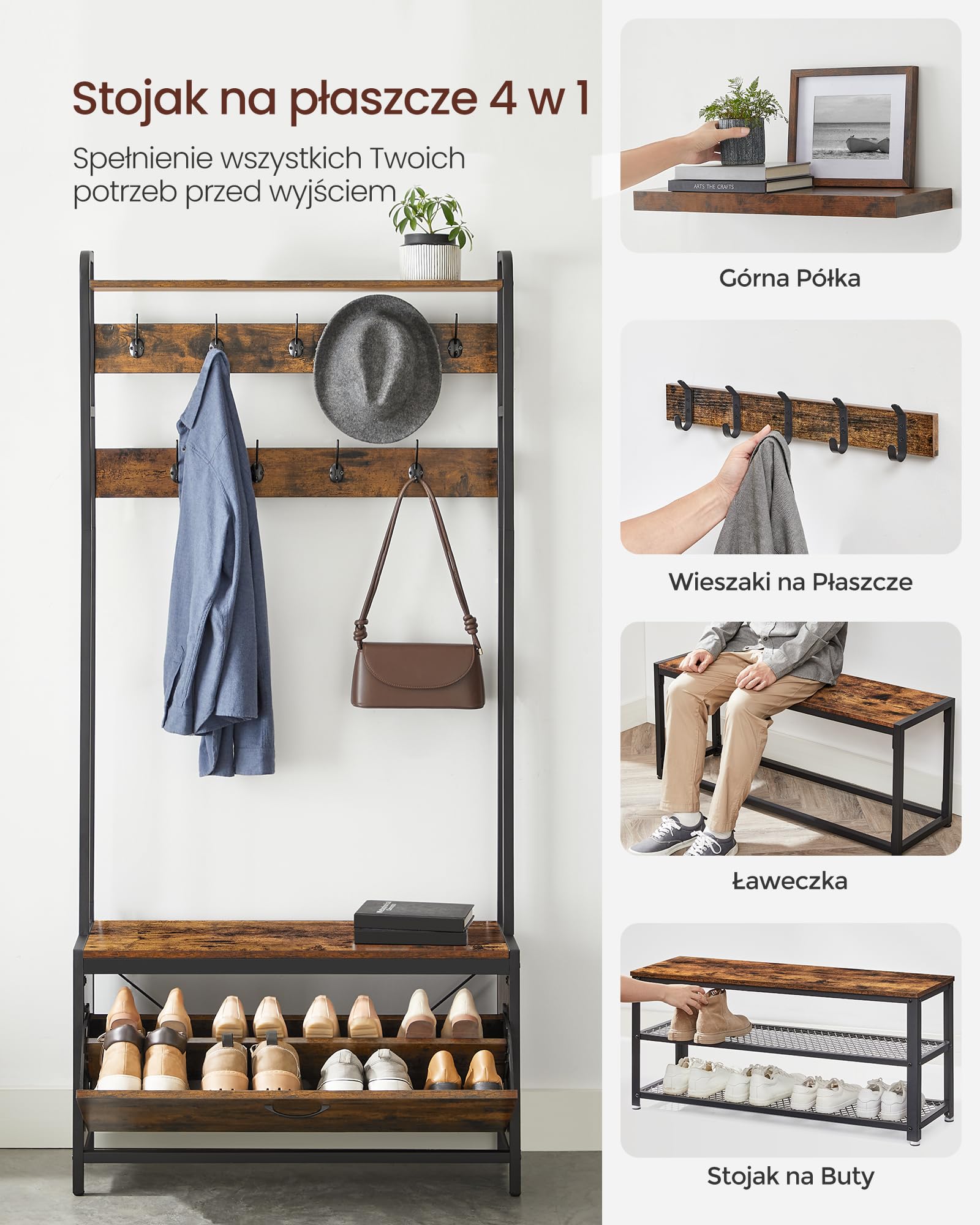 VASAGLE Wieszak na ubrania z miejscem na buty, drzewo do holu z ławką, 9 haczykami i górną półką, do przedpokoju, sypialni, styl industrialny, rustykalny brąz i czarny atrament HSR405B01