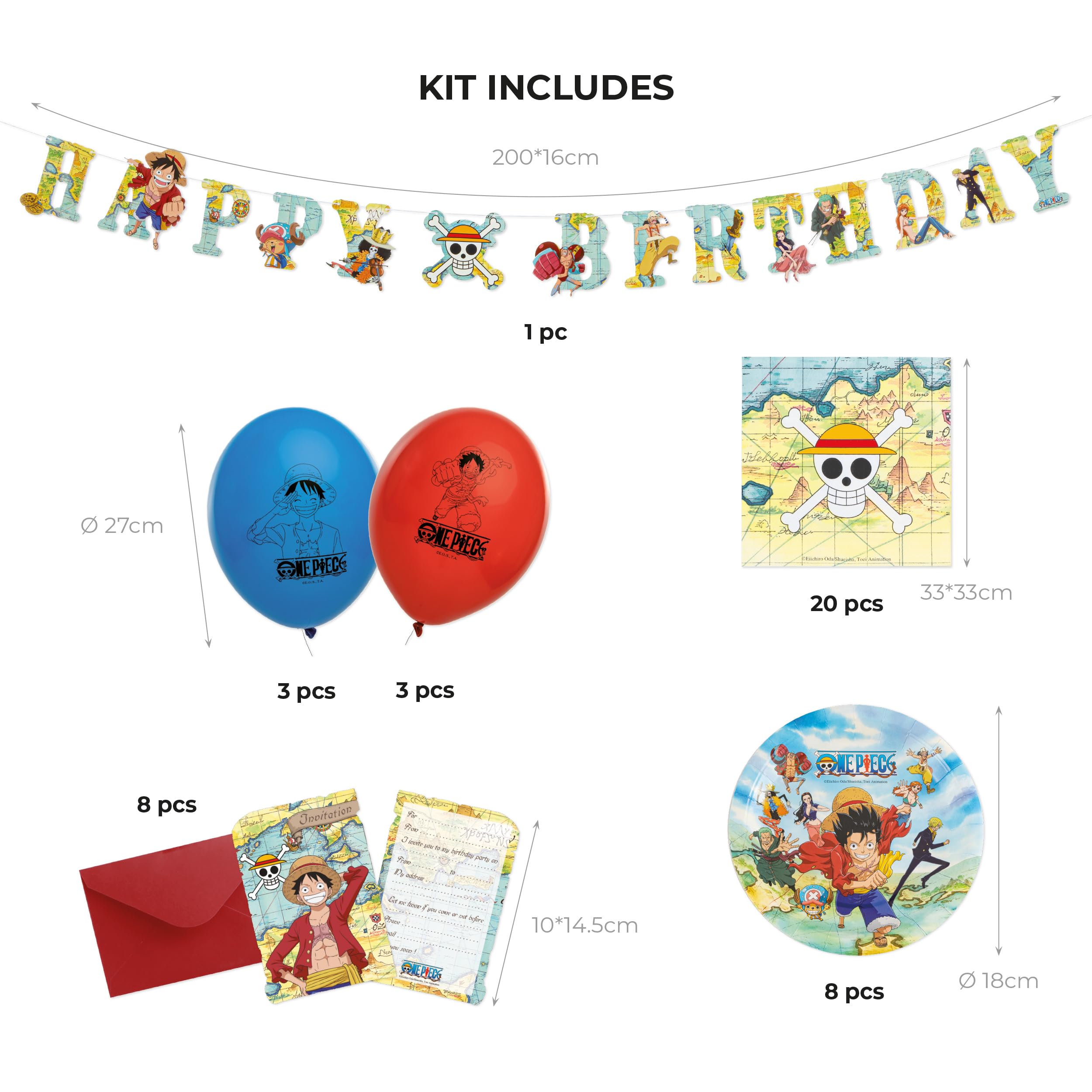 Chaks - Set ufficiale per feste One Piece per bambini, piatti, tovaglioli, palloncini, inviti e ghirlande, decorazioni anime per compleanni