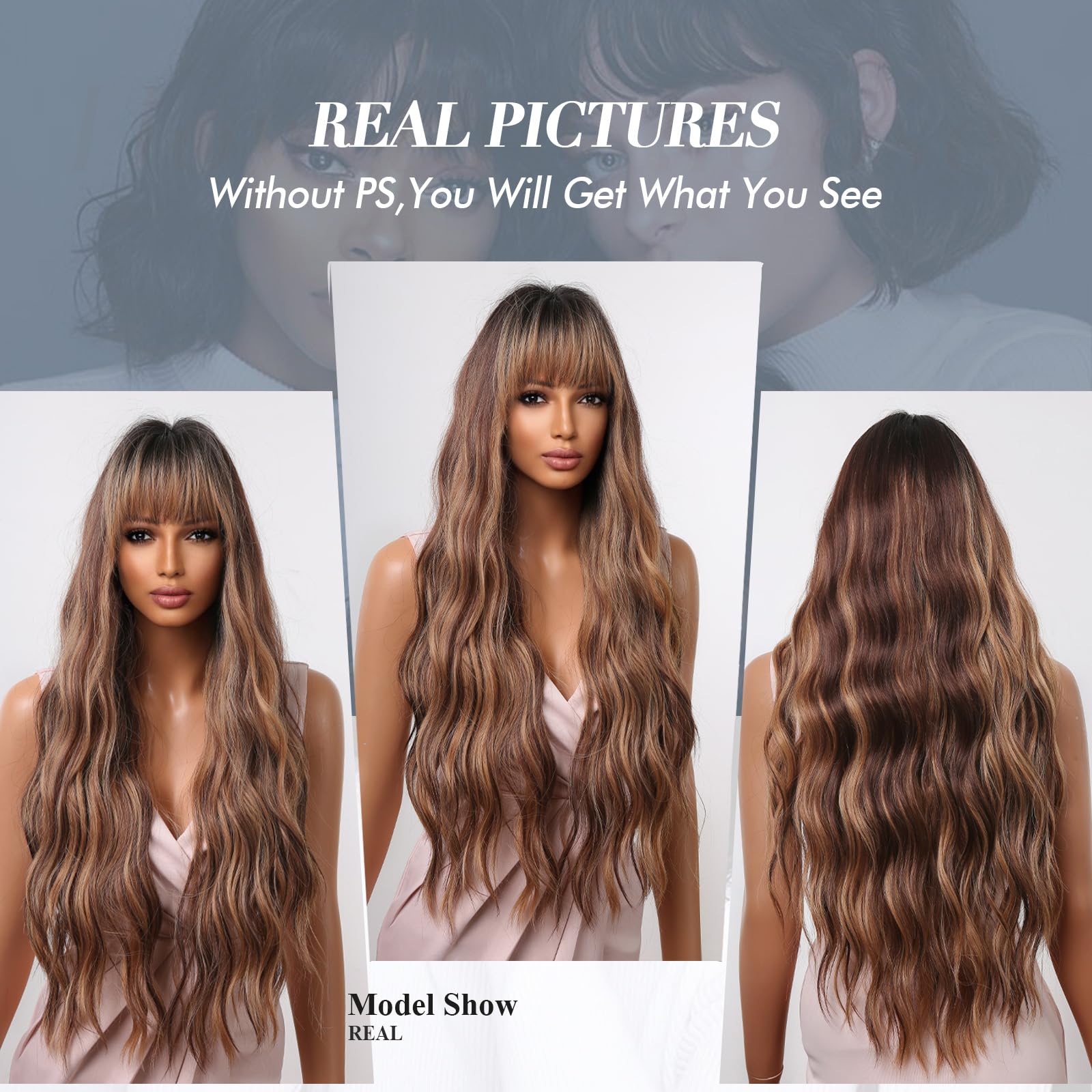 Long Brown Mixed Blonde Wig With Bangs Layered Hair Realistic NWT KOME Brown Wig with Bangs,Brown Highlight Wavy Wigs for  main image 4