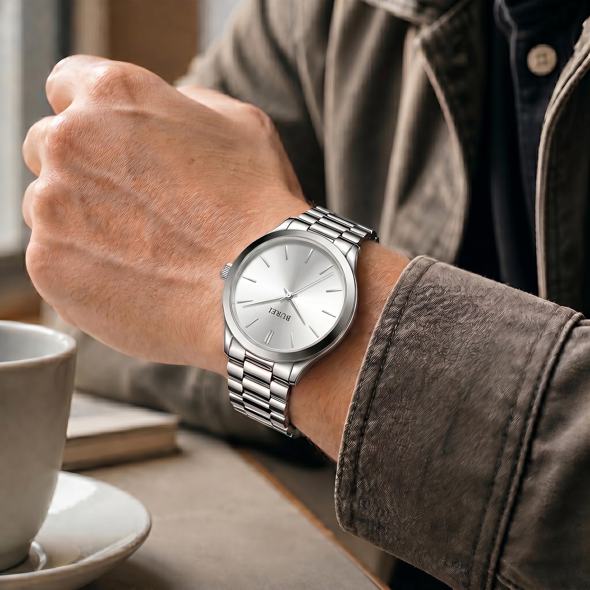 BUREI Reloj analógico de Cuarzo para Hombre, de Acero Inoxidable, para Negocios, Casual, Moderno, Minimalista, para Hombre