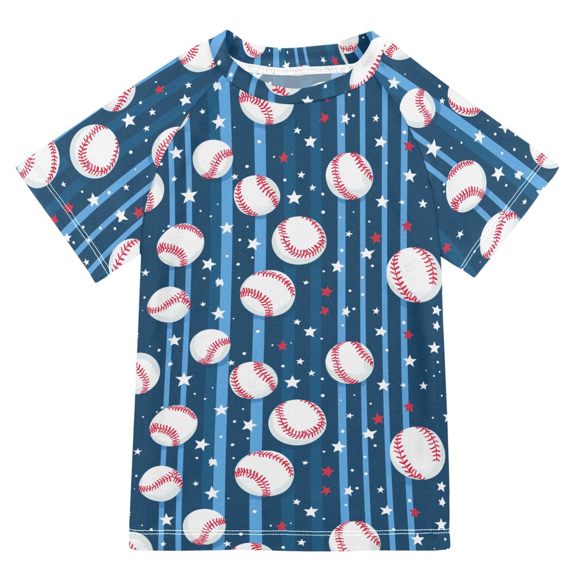 Wudan Stripe Beiged Baseball Stars Girls Bathing Suit Short Sleeves Rash Guard Swimsuit Swimwears Sports Clothes for Toddler Boy 7-8Y