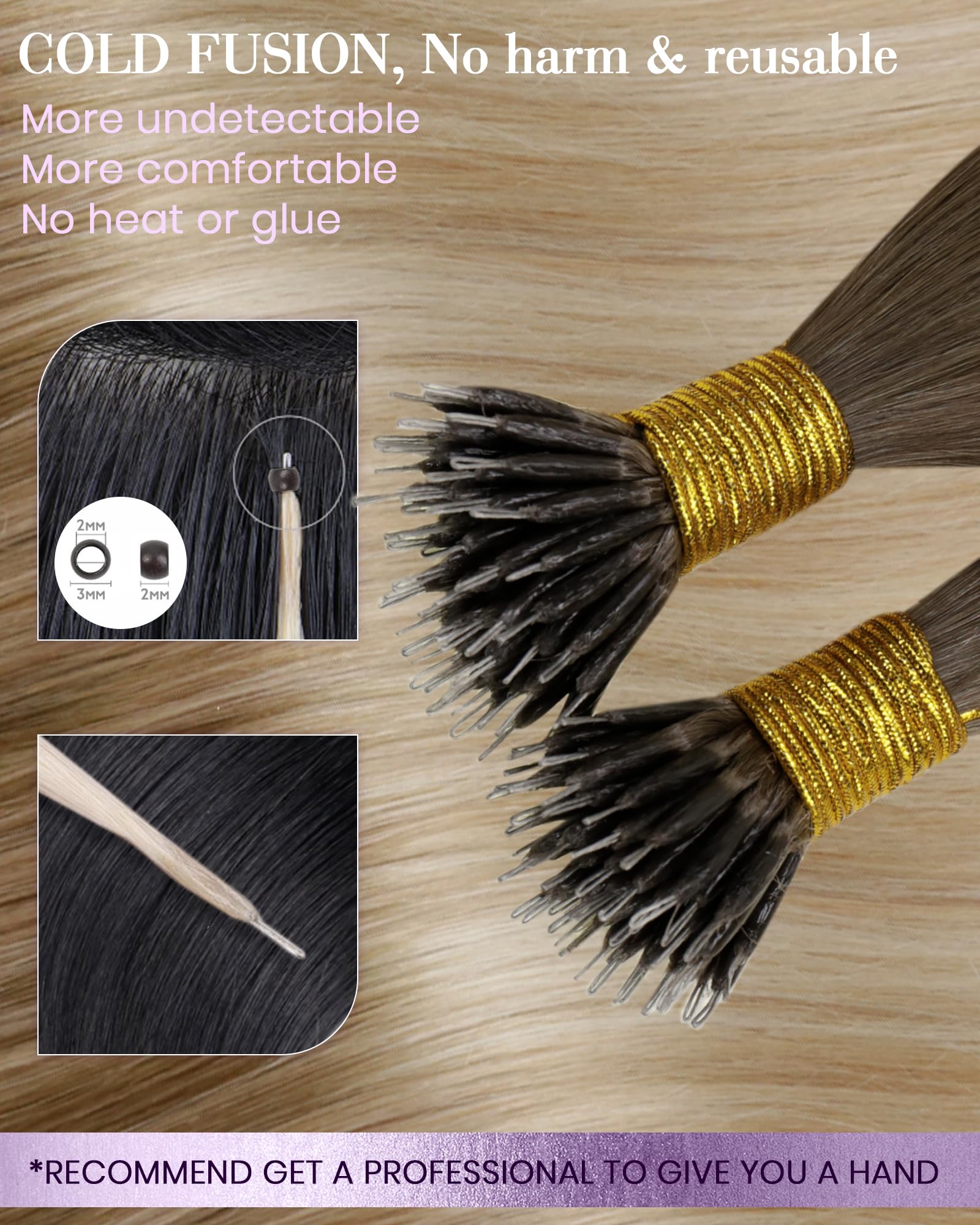 LaaVoo Nano Hair Extensions Real Human Hair 100g Full Head Nano Beads Hair Extensions Balayage Light Brown to Dark Blonde with Light Blonde Invisible Nano Ring Straight Remy Hair 100s 20 Inch #8/18/60 - Image 3