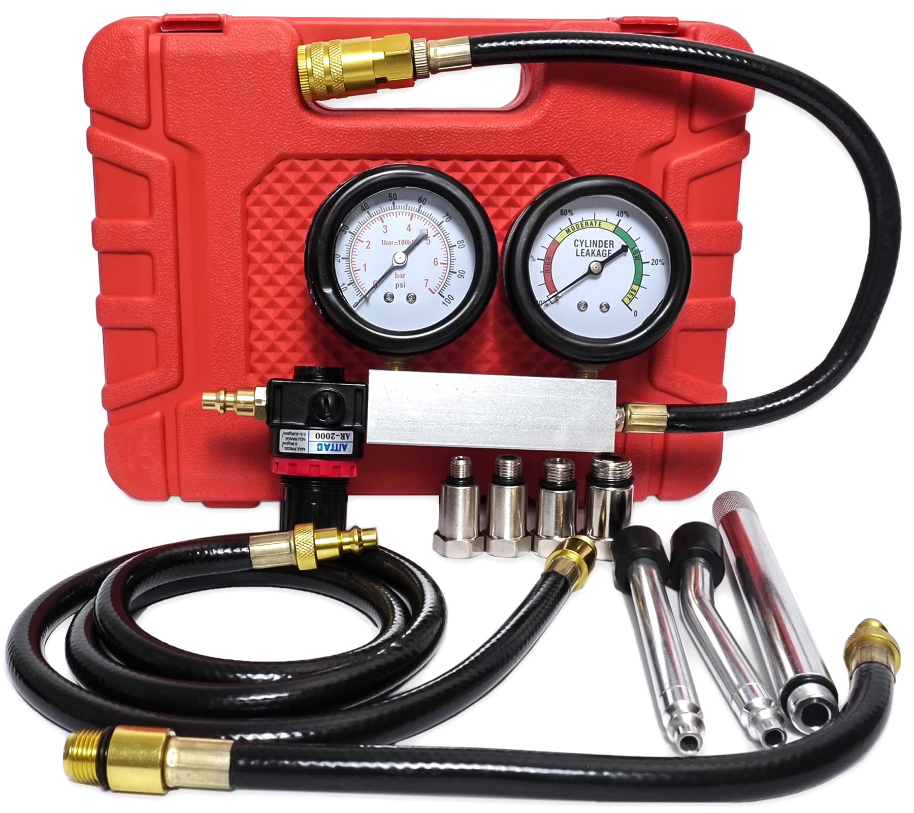 Auto Zylinder-Leckagetester mit 0-100PSI/ 0-7Bar Doppelmanometer, Motor Druckverlust Tester für Automotoren Diagnosewerkzeug für Druckprüfung und Leckratenprüfung