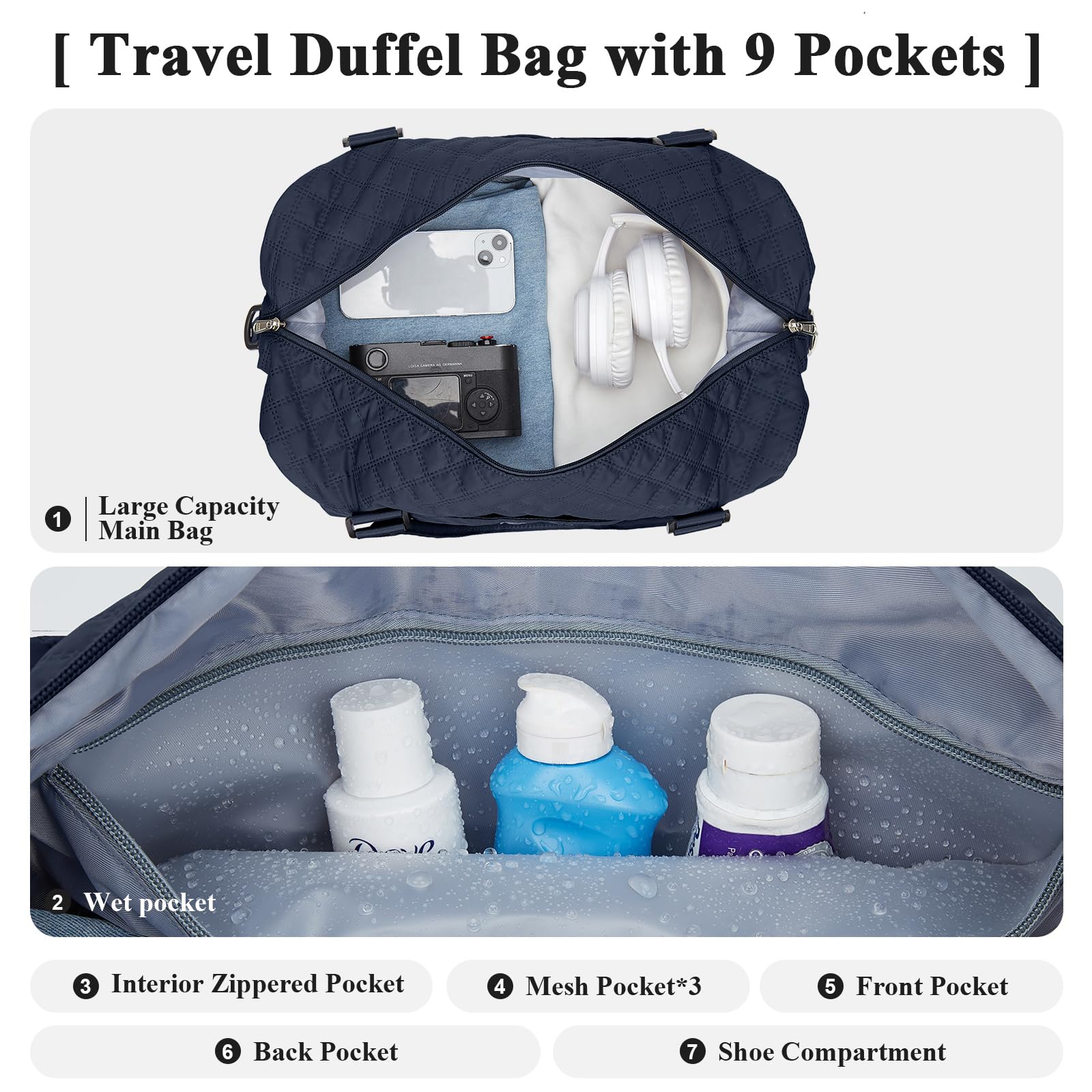 Borsone da Viaggio Donna, Bagaglio a Mano Borsa da Viaggio con Scomparto per le Scarpe, Borsa Sportiva Borsone da Palestra Grande, Borsa da Weekend, Borsa per Ospedale,H6-Blu marino