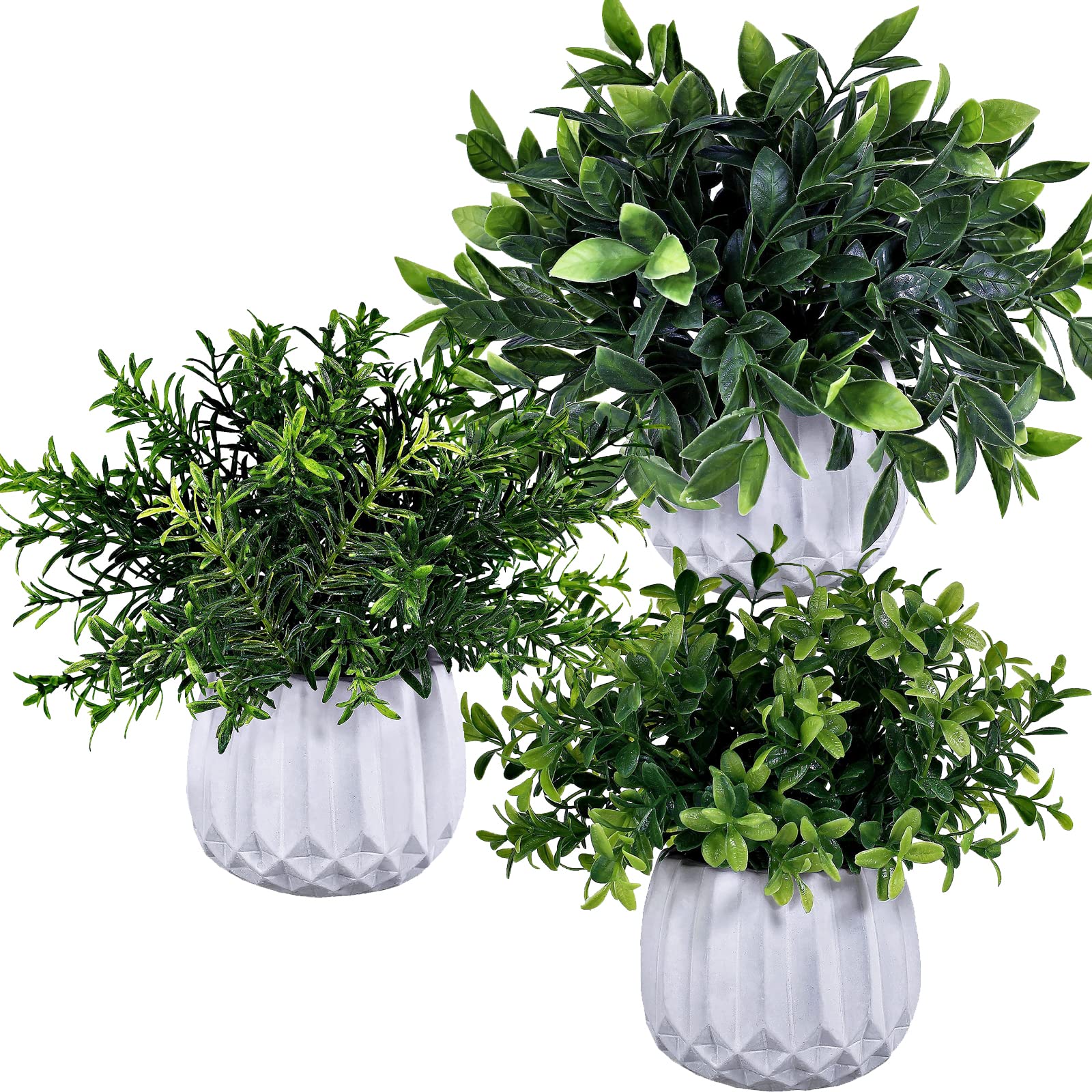 Winlyn 3 Pcs Faux Potted Plants Set - Artificial Eucalyptus, Rosemary, Boxwood Greenery in Small White Geometric Planters for Indoor Outdoor Desk Table Centerpiece Shelf Windowsill Home Office Decor
