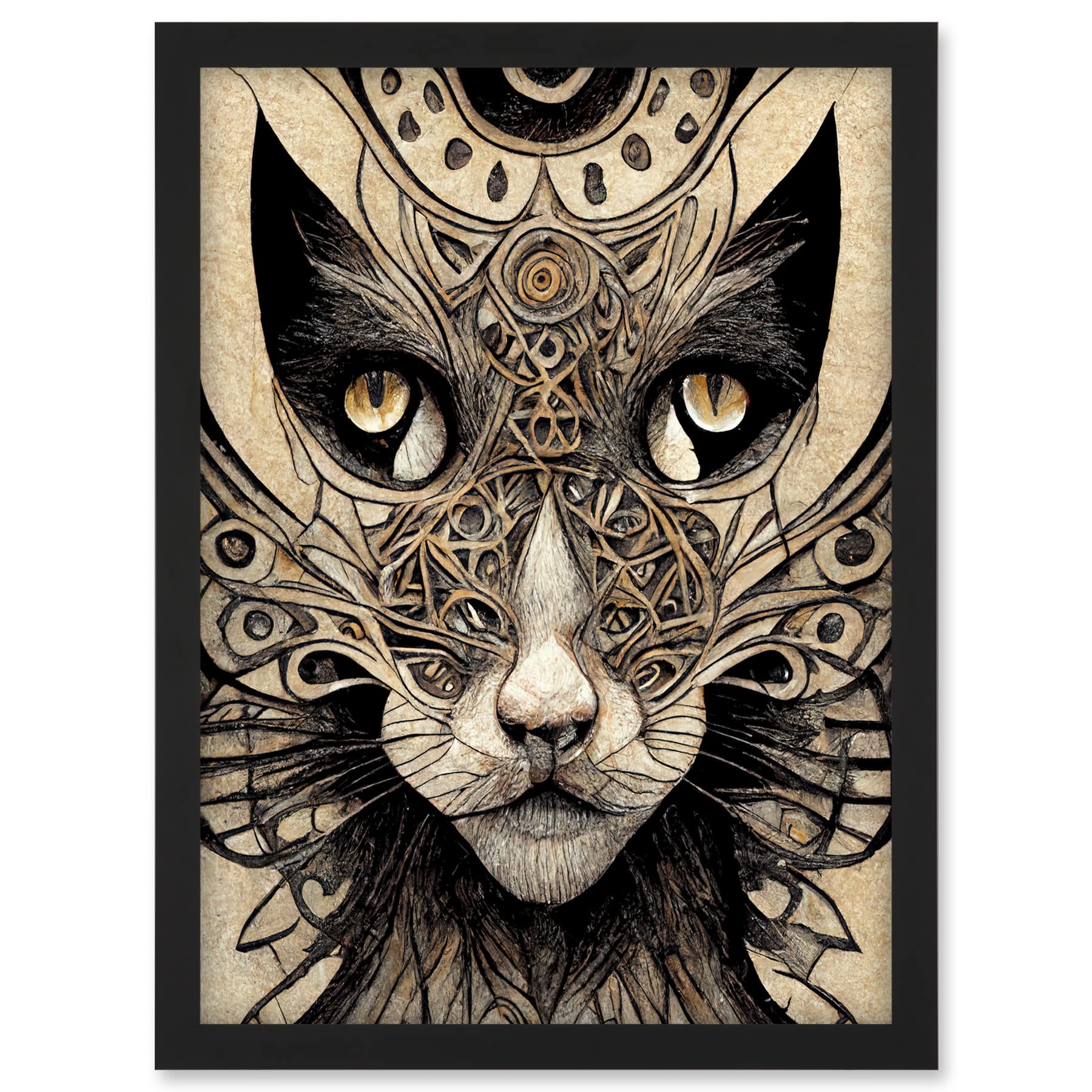 Abstract Cat Face Close Up With Tribal Patterns Textured Mask Artwork Framed A3 Wall Art Print