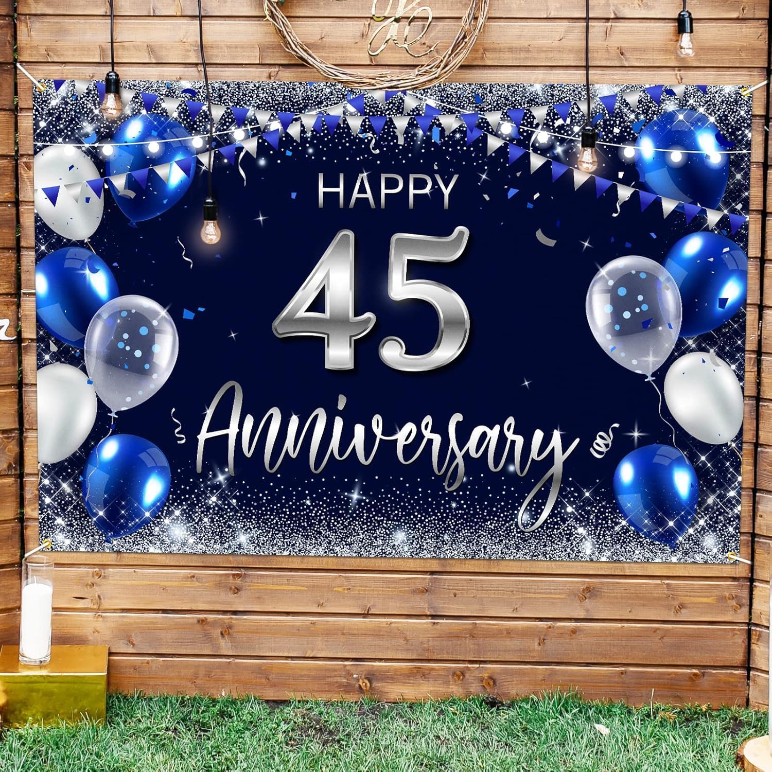 Happy 45th Anniversary Backdrop Banner Decor Navy Blue – Silver Glitter Happy 45 Years Wedding Anniversary Party Theme Decorations for Women Men Supplies (45)
