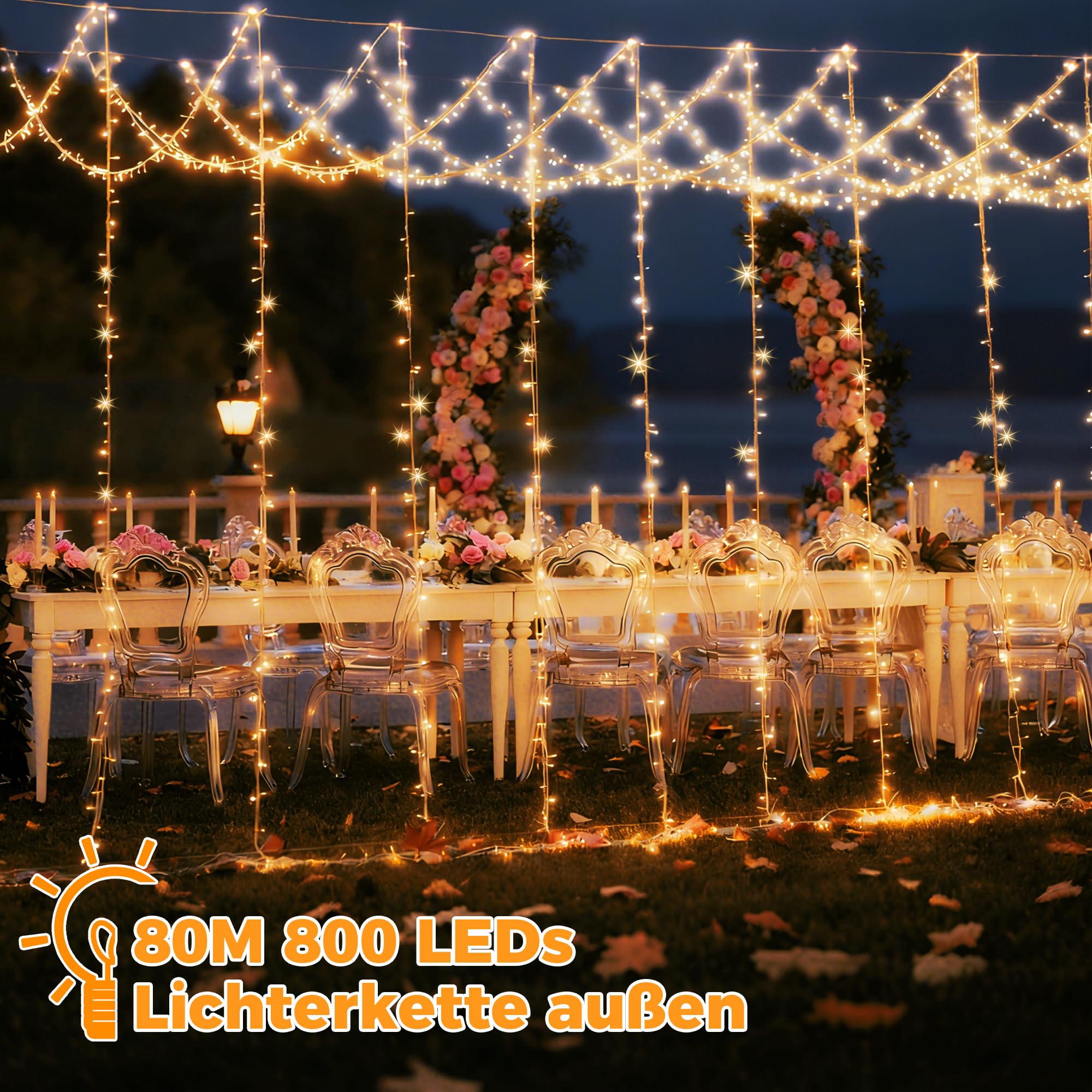 HeiPard Lichterkette Außen Innen 80m 800LED, Warmweiß LED Lichterketten Outdoor Strom mit mit Fernbedienung Timer Dimmbar, 8 Modi IP44 Wasserdicht String Lights für Garten Balkon Hochzeit Party