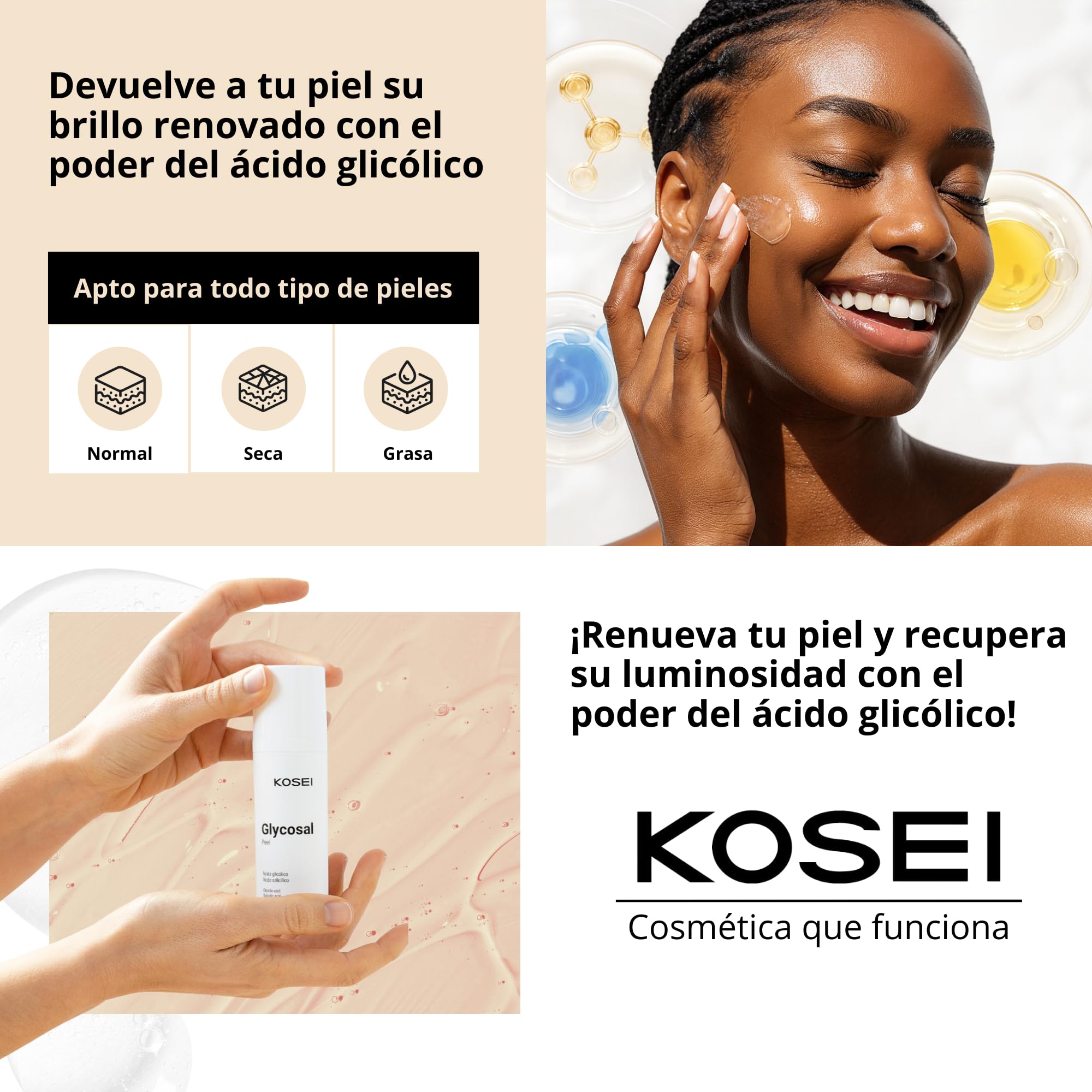 KOSEI | Glycosal Peel | Peeling Facial con Acido Glicolico | Aporta Luminosidad, Piel lisa y un Tono Uniforme | Exfoliante Facial | Combate las Arrugas e Imperfecciones | 50ml