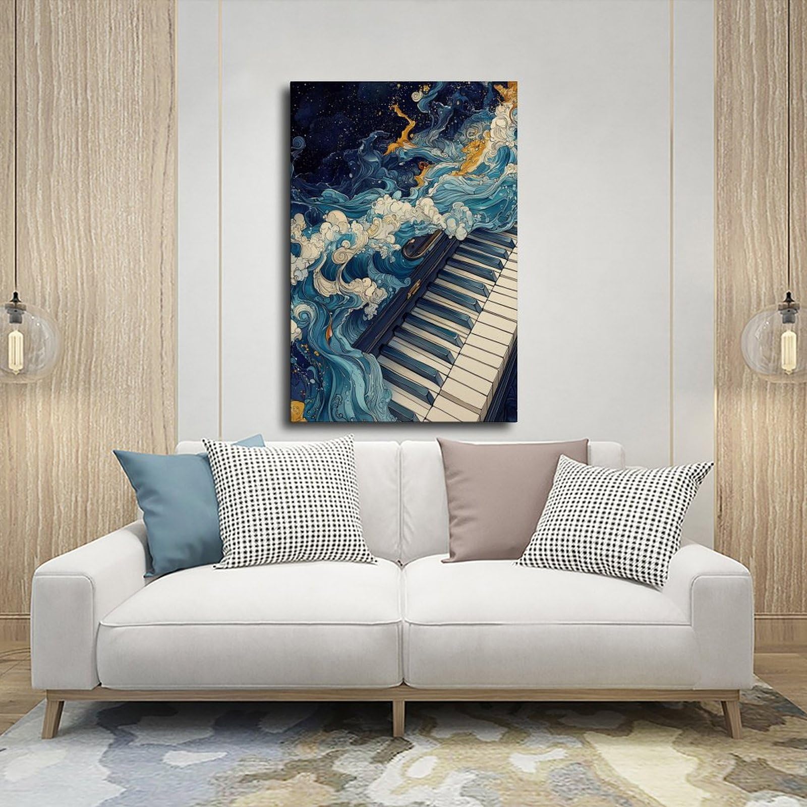 Poster con pianoforte con onde oceaniche, arte da parete musicale, poster per camera da letto, decorazione per ufficio, camera da letto, regalo, 61 cm L x 91,4 cm W