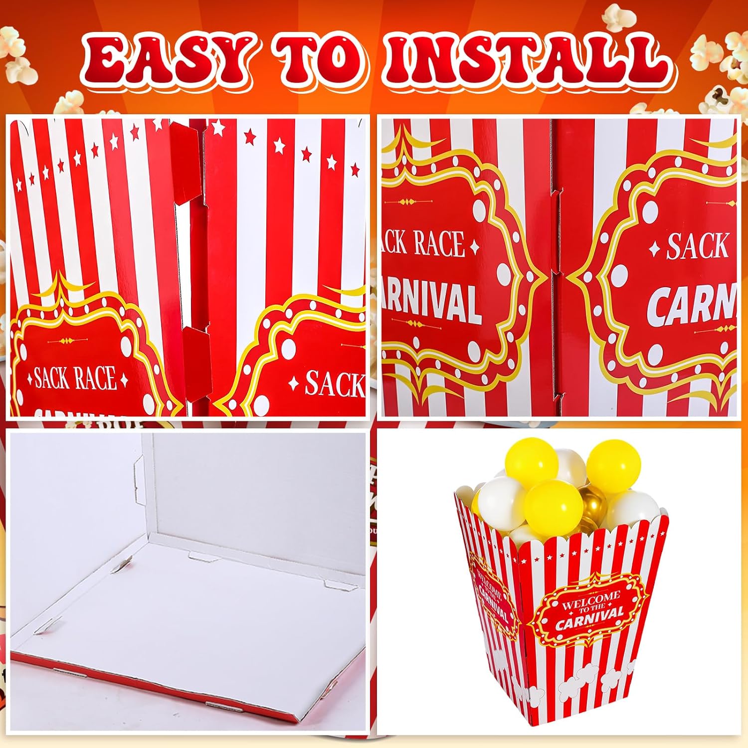 Blosssound Giant Popcorn Box Decoration with 60 Yellow White Balloons Large Popcorn Bucket Decor Big Cardboard Display Stand for Carnival Circus Movie Night Theater Halloween Party Decor Supplies