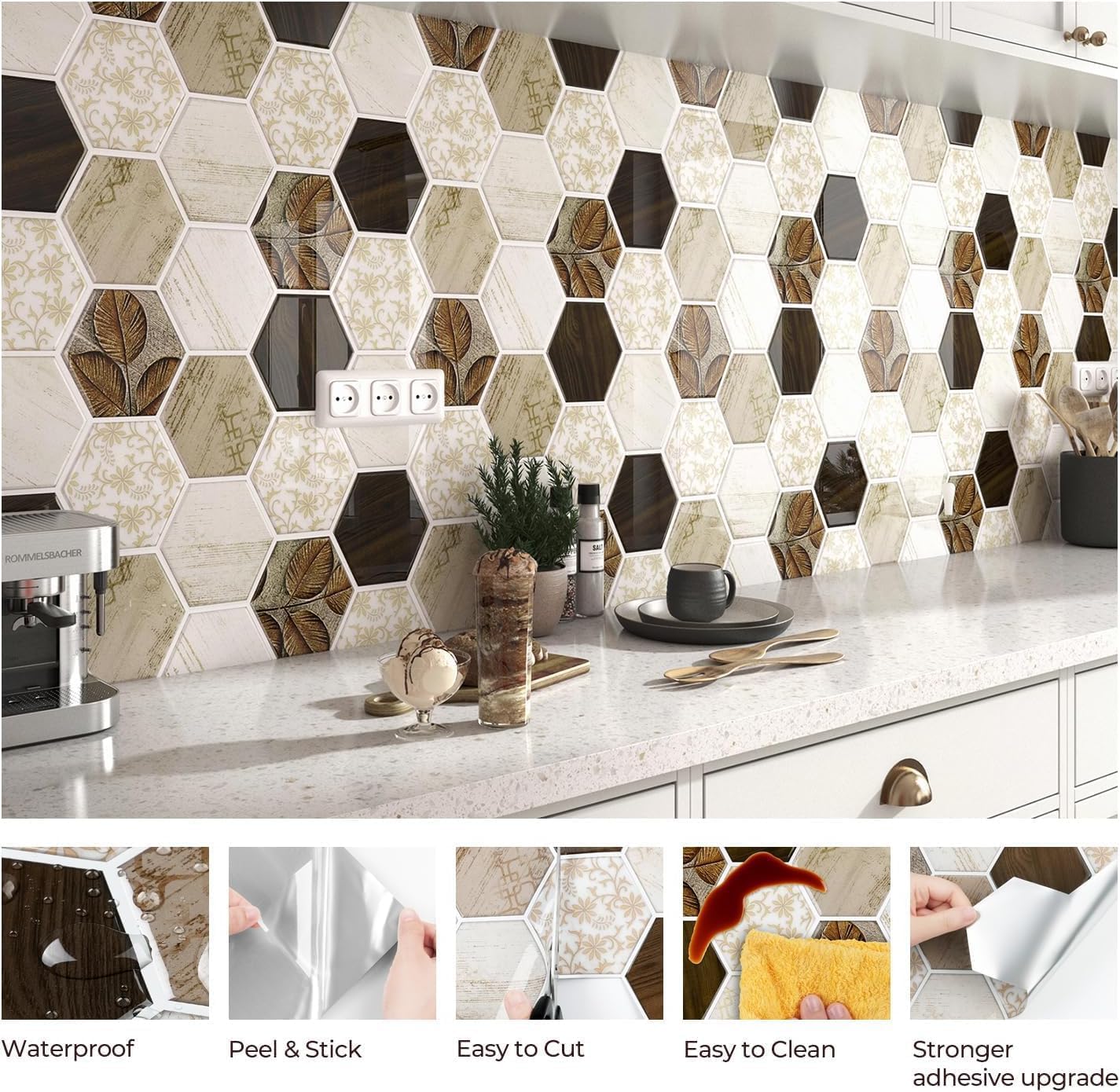 FunStick Credence Adhesive pour Cuisine Bois Marron Stickers Carreaux Beige 3D Buanderie 30×30CM 15 Dalles Murales Adhésives Cuisine Bois Stickers Carrelage Salle de Bain Carrelage Autocollant Mural