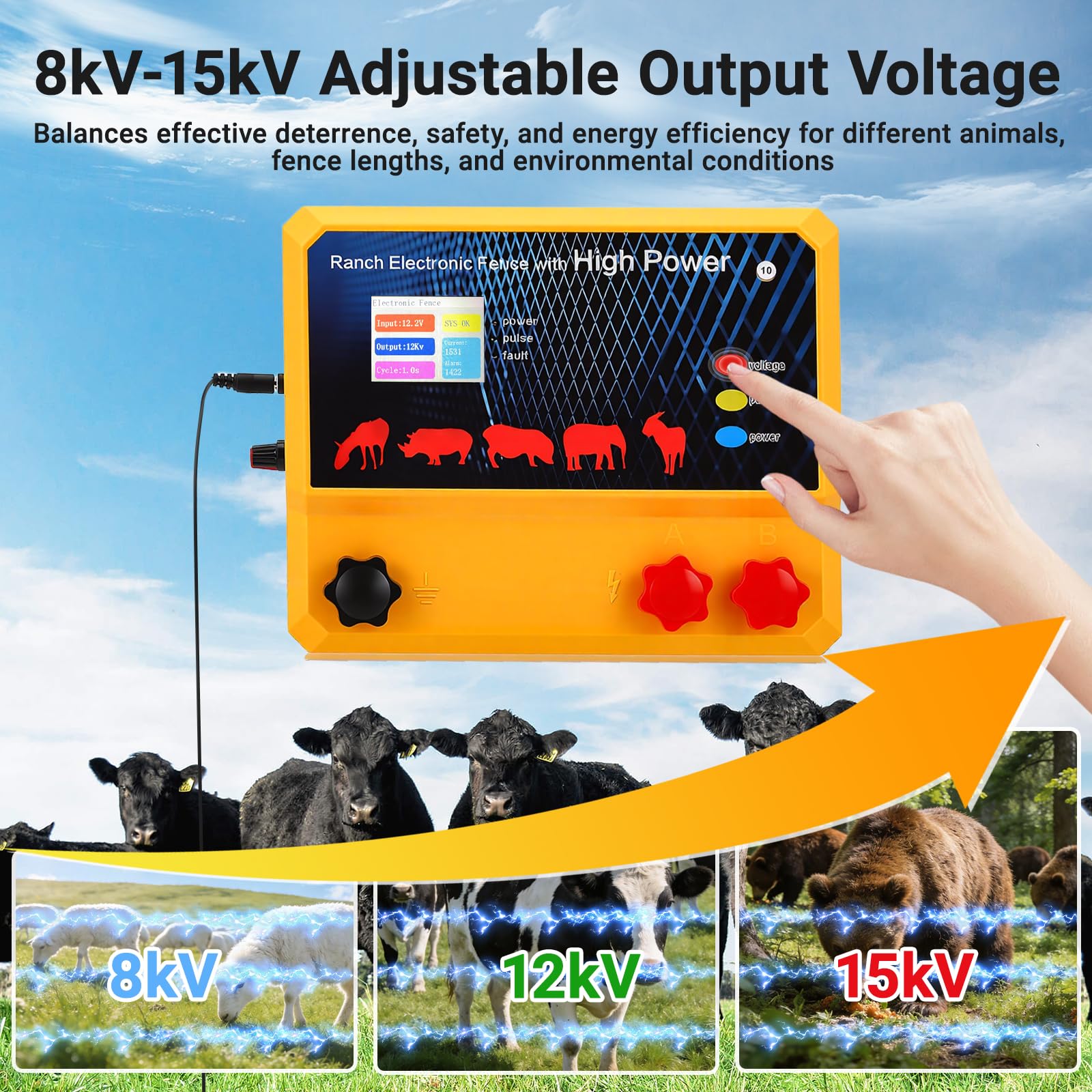 Valla eléctrica de 8-15 kV, potencia de 4 J, 30 km de alcance, 230 V/12 V de energía solar, IP67, alarma inteligente, valla eléctrica para animales de granja y defensa de depredadores