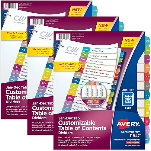 Avery Jan-Dec - Divisores de tabla de contenido personalizables para carpetas de 3 anillas, juegos de 12 pestañas, multicolor, 3 juegos de divisores