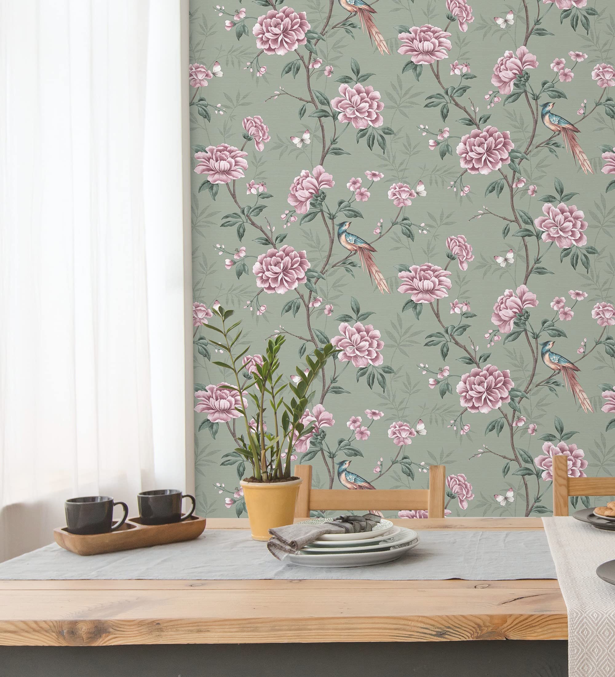 GAULAN 681988 - Papel pintado de pájaros y flores fondo texturizado efecto fibra vegetal verde para pared salón cocina baño dormitorio comedor - Rollo de 10 m x 0,52 m