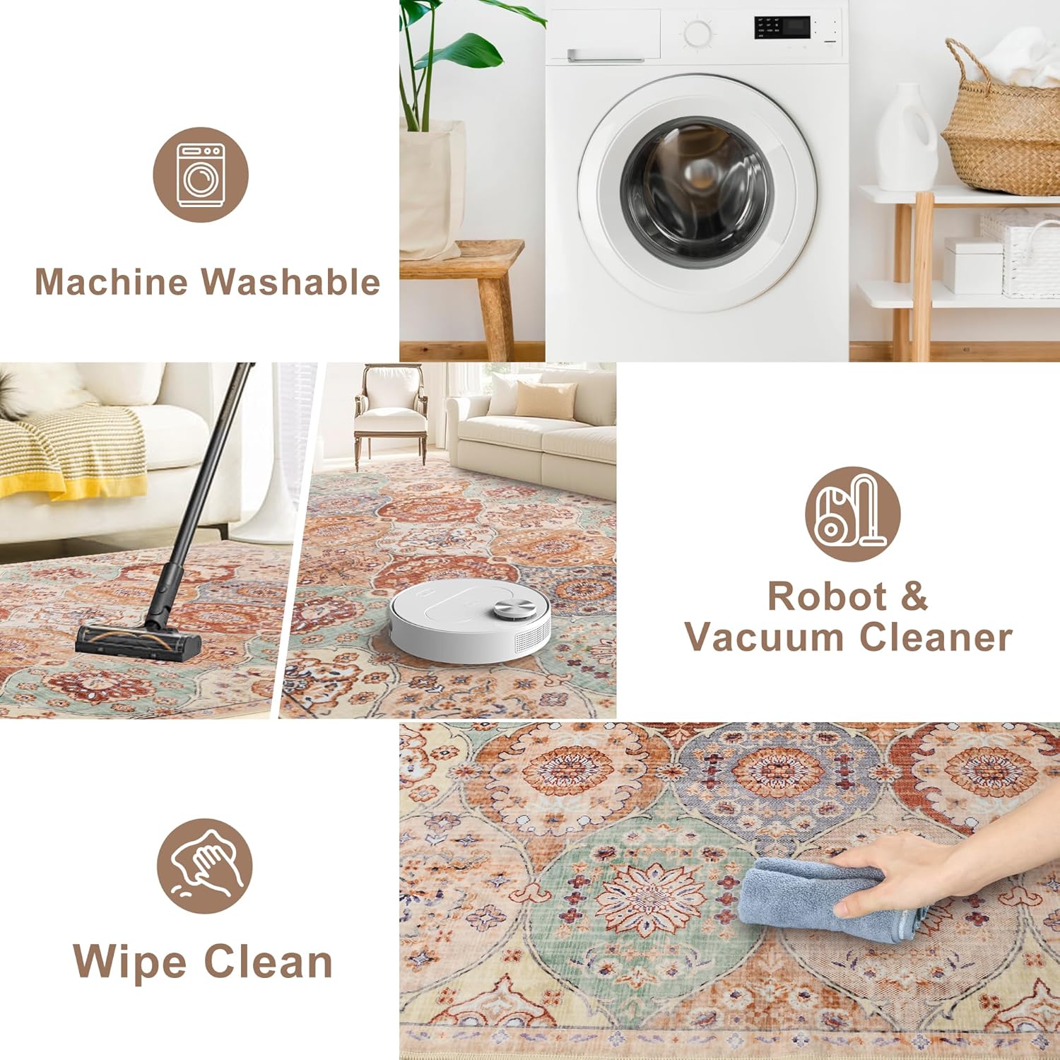 XWZO 2x3 Area Rugs Washable Rug for Living Room，Non-Slip Bedroom Rug Vintage Print Pattern Large Carpet for Office Dining Room Low Piles Indoor Carpet,Cream/Multi,2x3