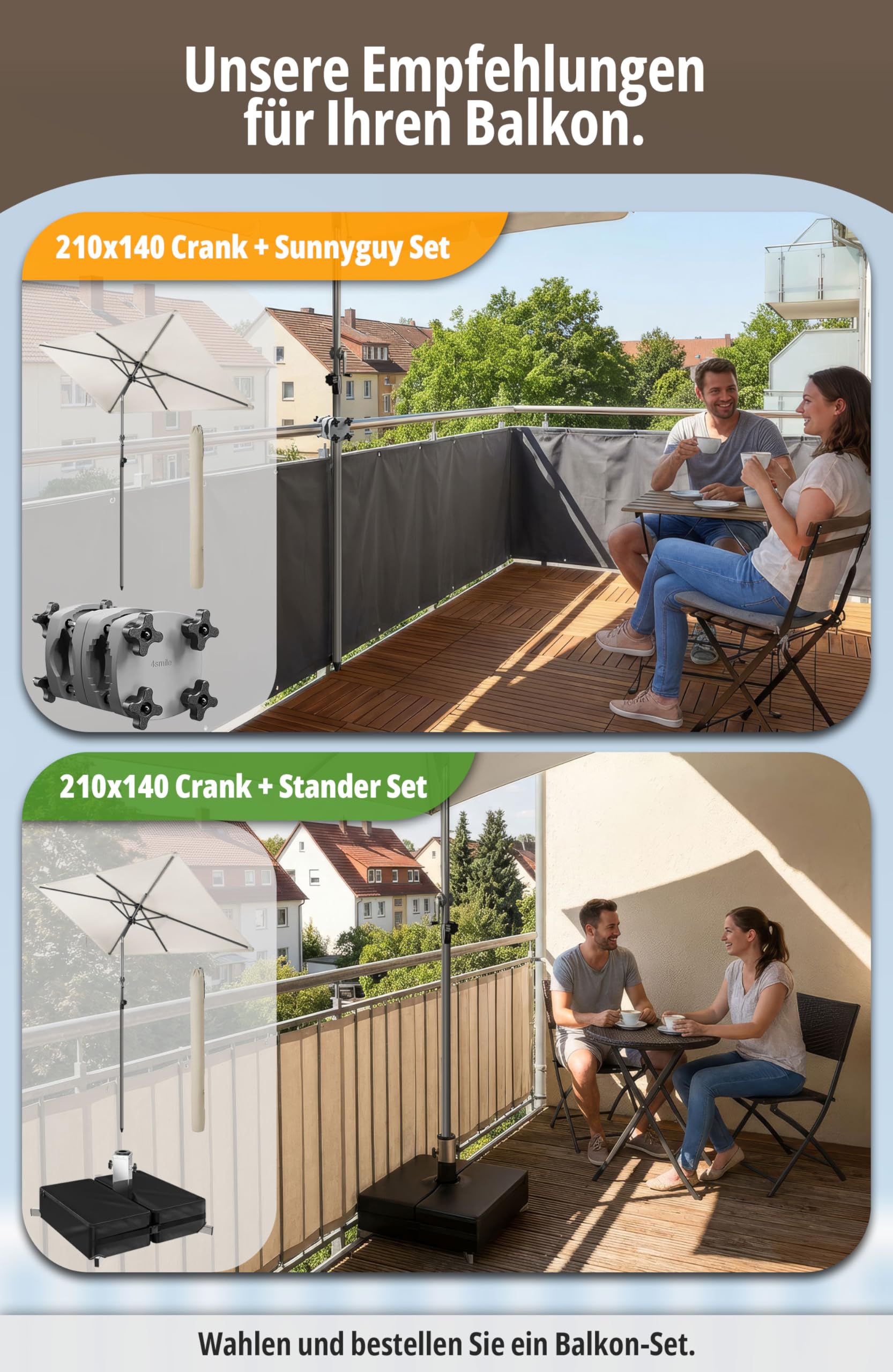4smile SunnyShade Sonnenschirm Balkon Modern mit Kurbel, Sonnenschirm rechteckig 210x140 cm, Sonnenschutz Balkon mit UV 50+, Balkonschirm mit Schutzhülle, knickbar und höhenverstellbar, Beige