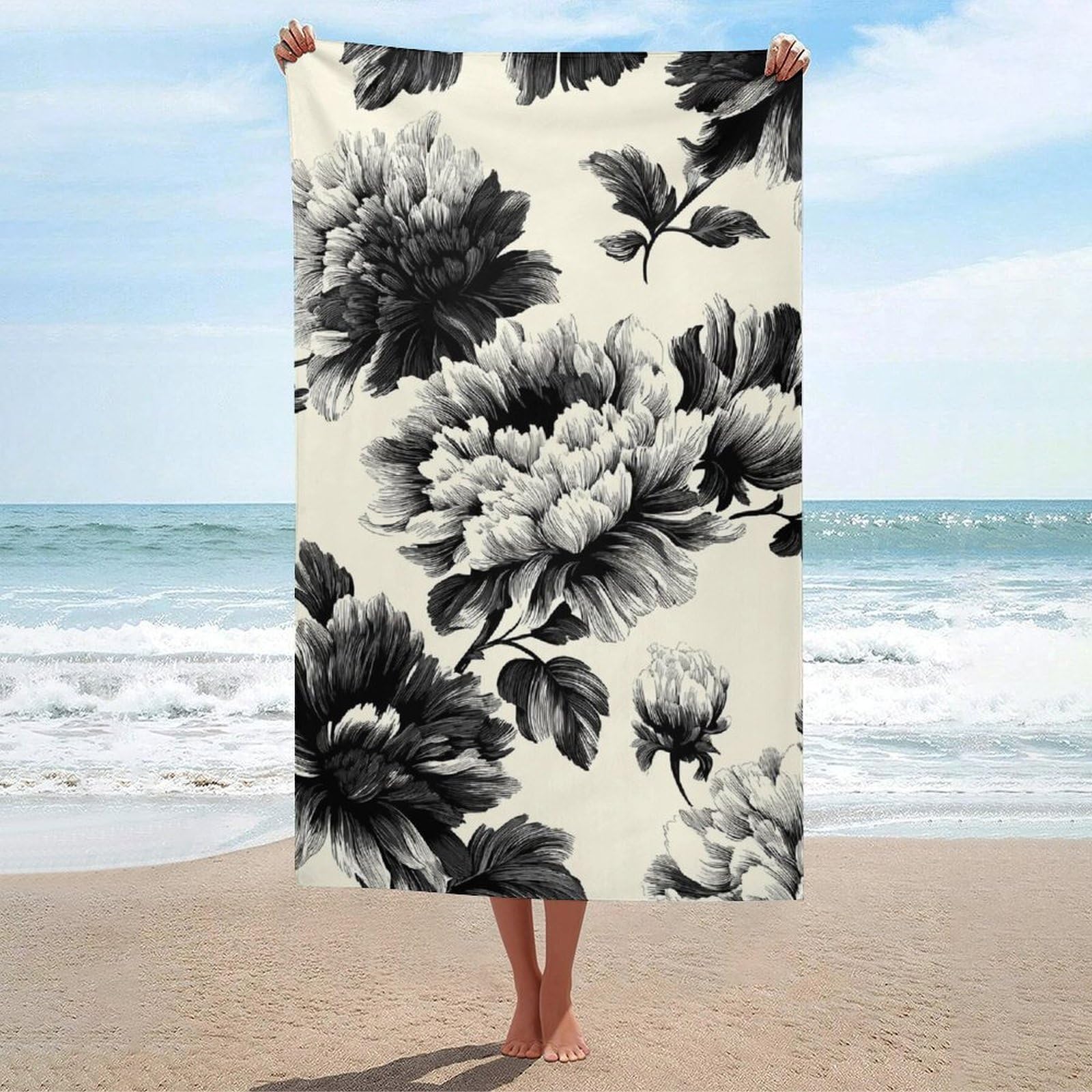 asbwuo Large Flowers on A Cream Vintage Beach Towel