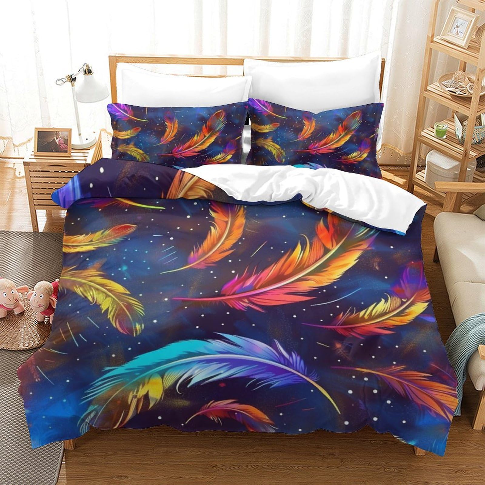 Housse de couette imprimée 3D king size au design plumes raffiné