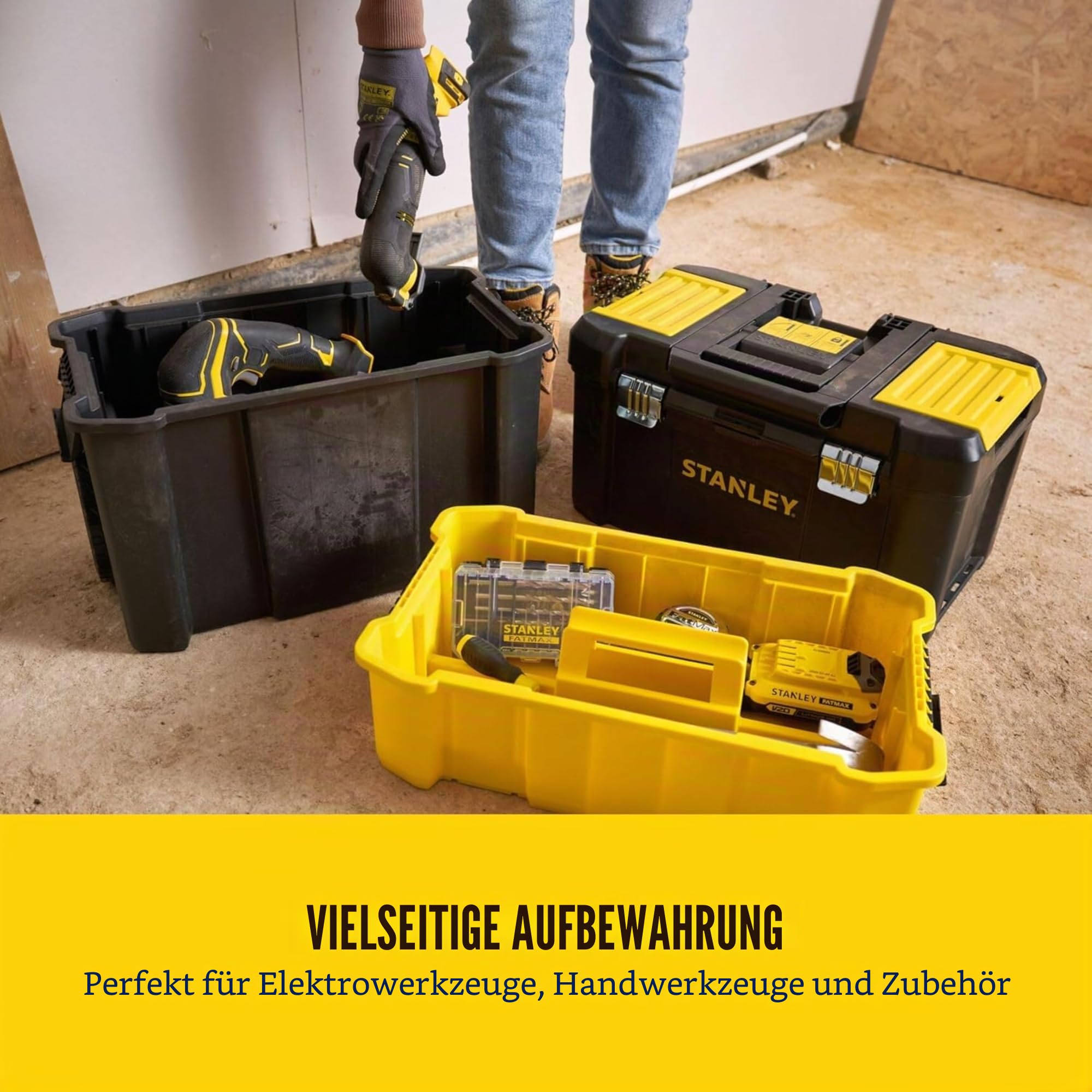STANLEY Essential Rollende Werkstatt (3-in-1 stapelbare Boxen, leerer Werkzeugkasten, belastbar bis zu 20kg, mit Metallverschlüsse, Organizer für Kleinteile im Deckel) STST1-80151