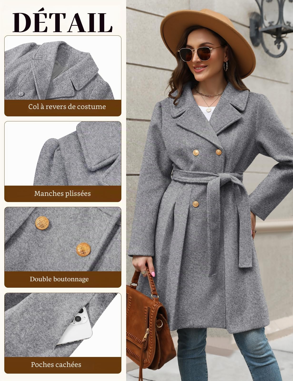 Vancavoo Manteau Femme Hiver Chic Veste Long Manteaux en Laine Elégant Coat Manches Longues à Revers A-line Chaud Trench Coat Jacket