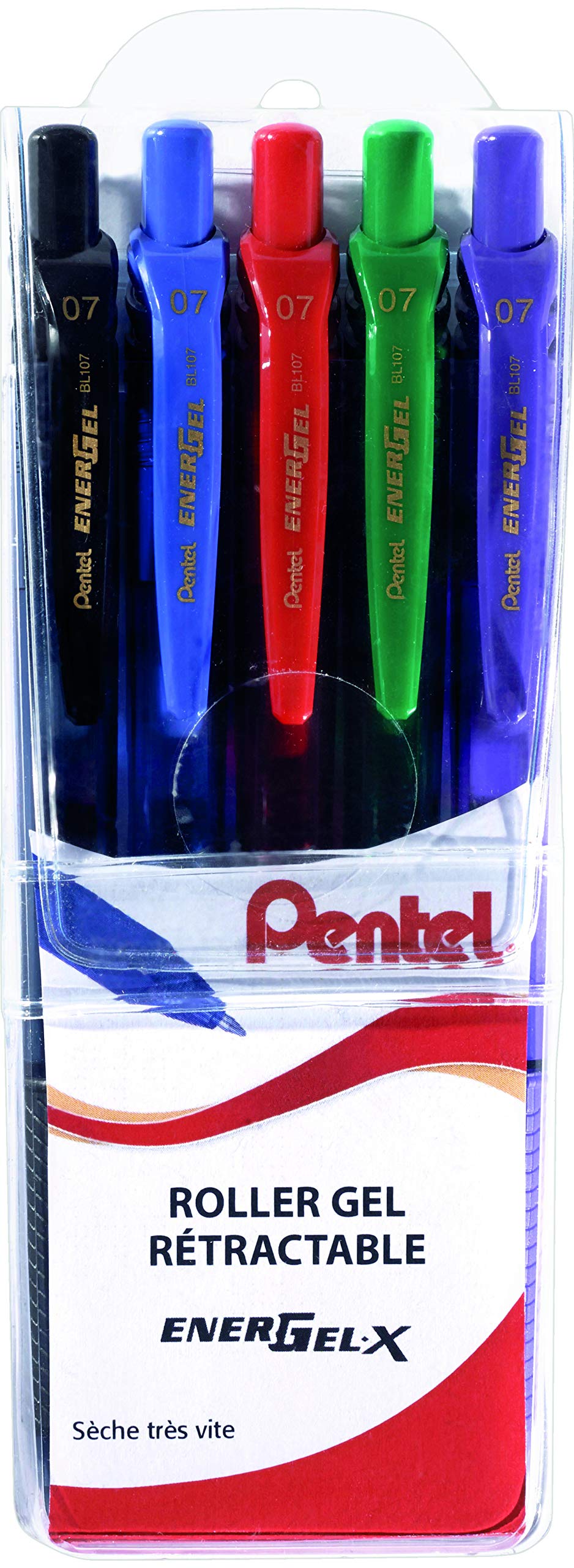 Pentel EnergelX Retractable Gel Roller Pens, 0.7 mm Tip Pochette de 5 Noir/Bleu/Rouge/Vert/Violet โ image 1