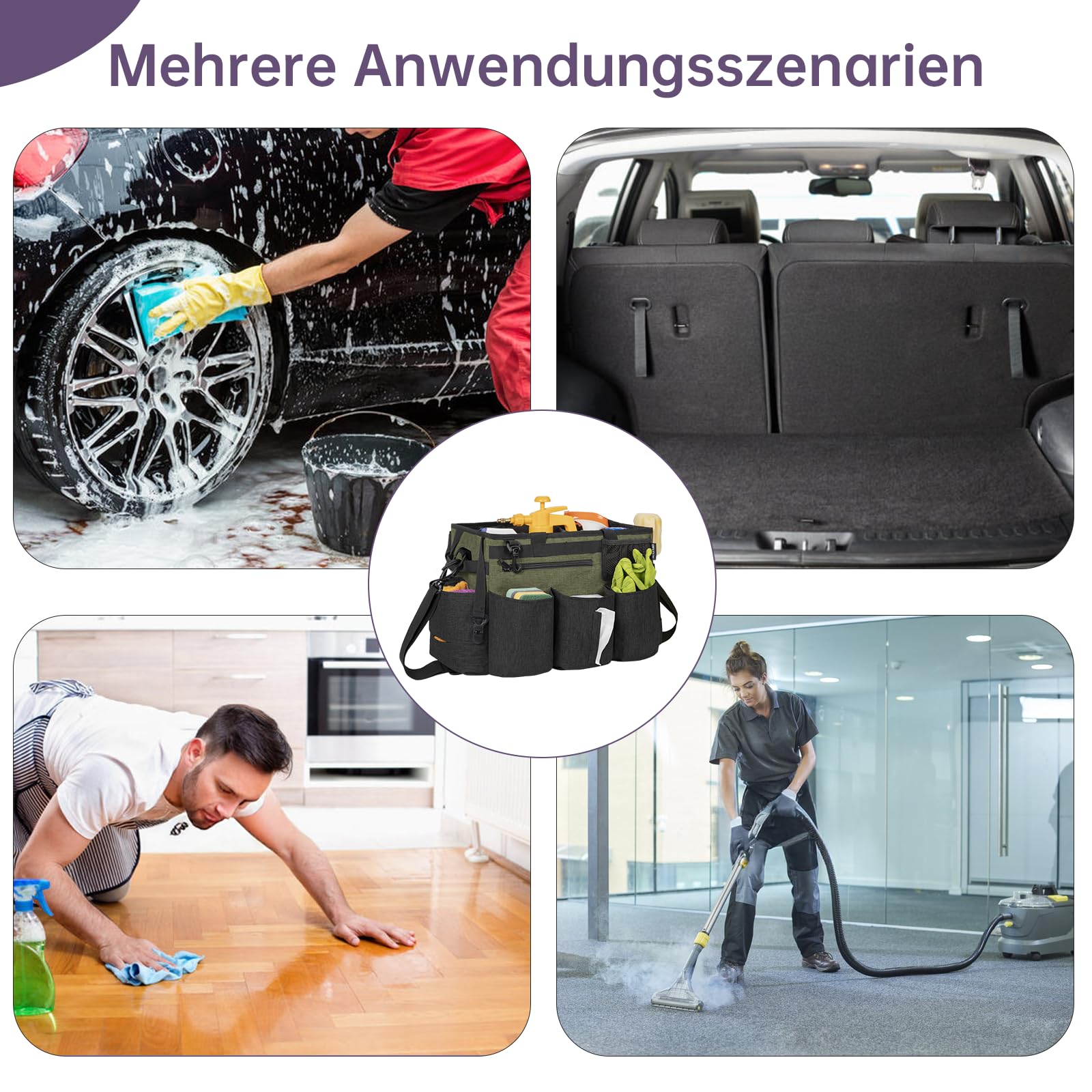 OUUTMEE Reinigungstasche 38 x 22 x 26 cm,Mit herausnehmbarem Fach Tote Reinigungstasche，Tragbarer Organizer für Reinigungsmittel Mit verstellbarem Schultergurt，Grün Groß